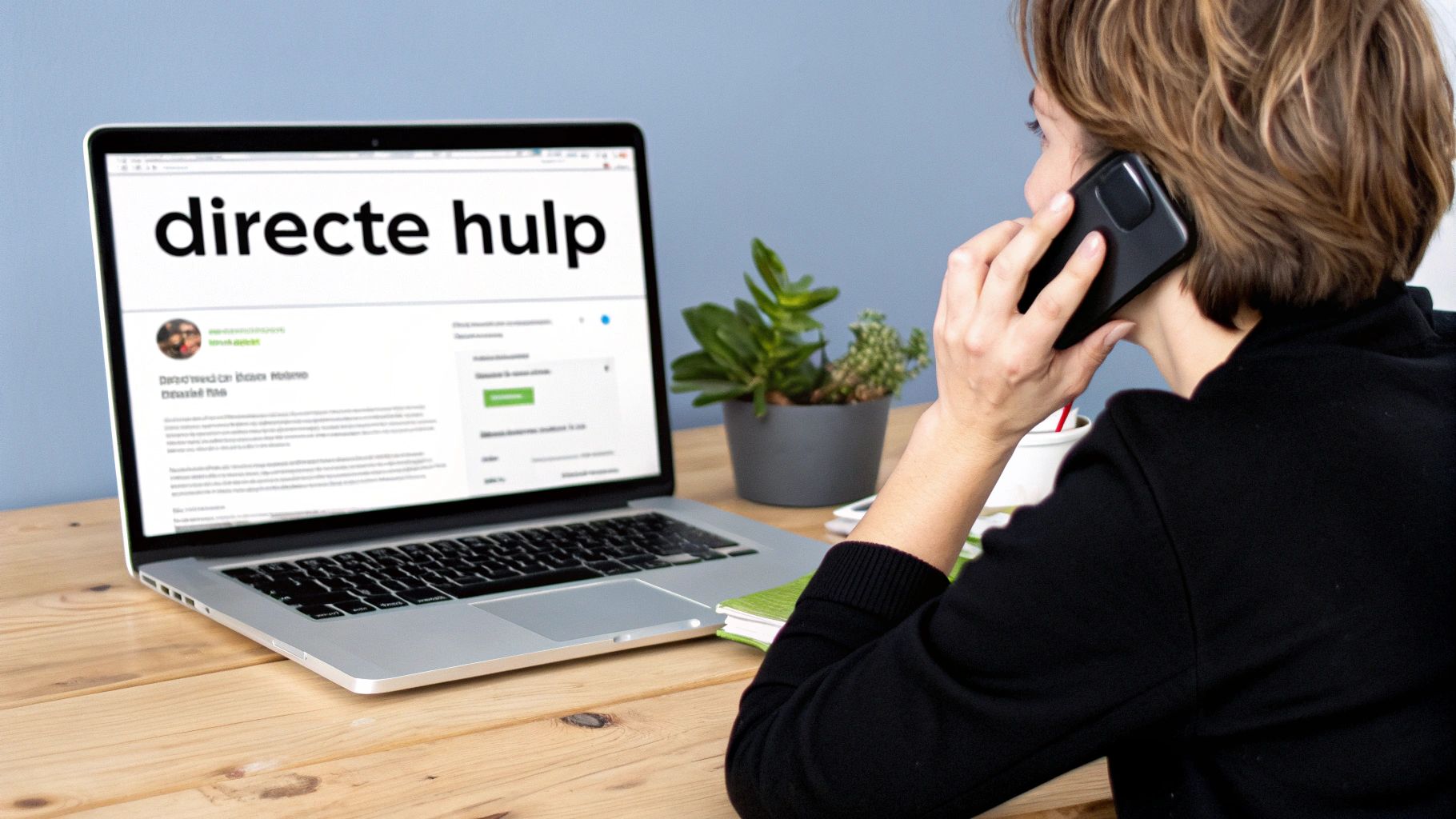 Een vrouw belt met een telefoon terwijl ze kijkt naar een laptop met 'directe hulp' op het scherm.