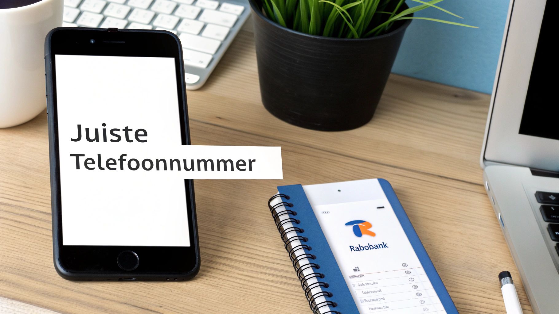 Smartphone met tekst 'Juiste Telefoonnummer' en Rabobank notitieboek op bureau voor klantenservice contact