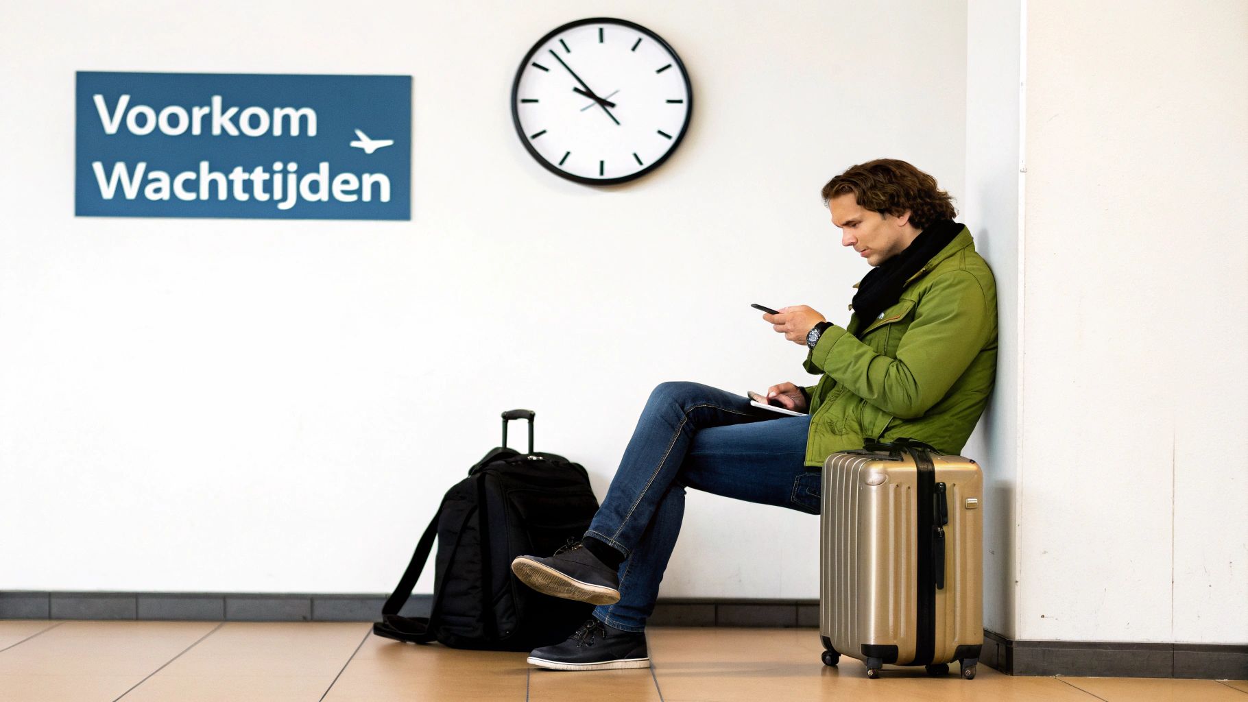 Man met groen jack en jeans wacht op vliegveld, kijkt op telefoon, met koffer en rugzak. Teken 'Voorkom Wachttijden' en klok.