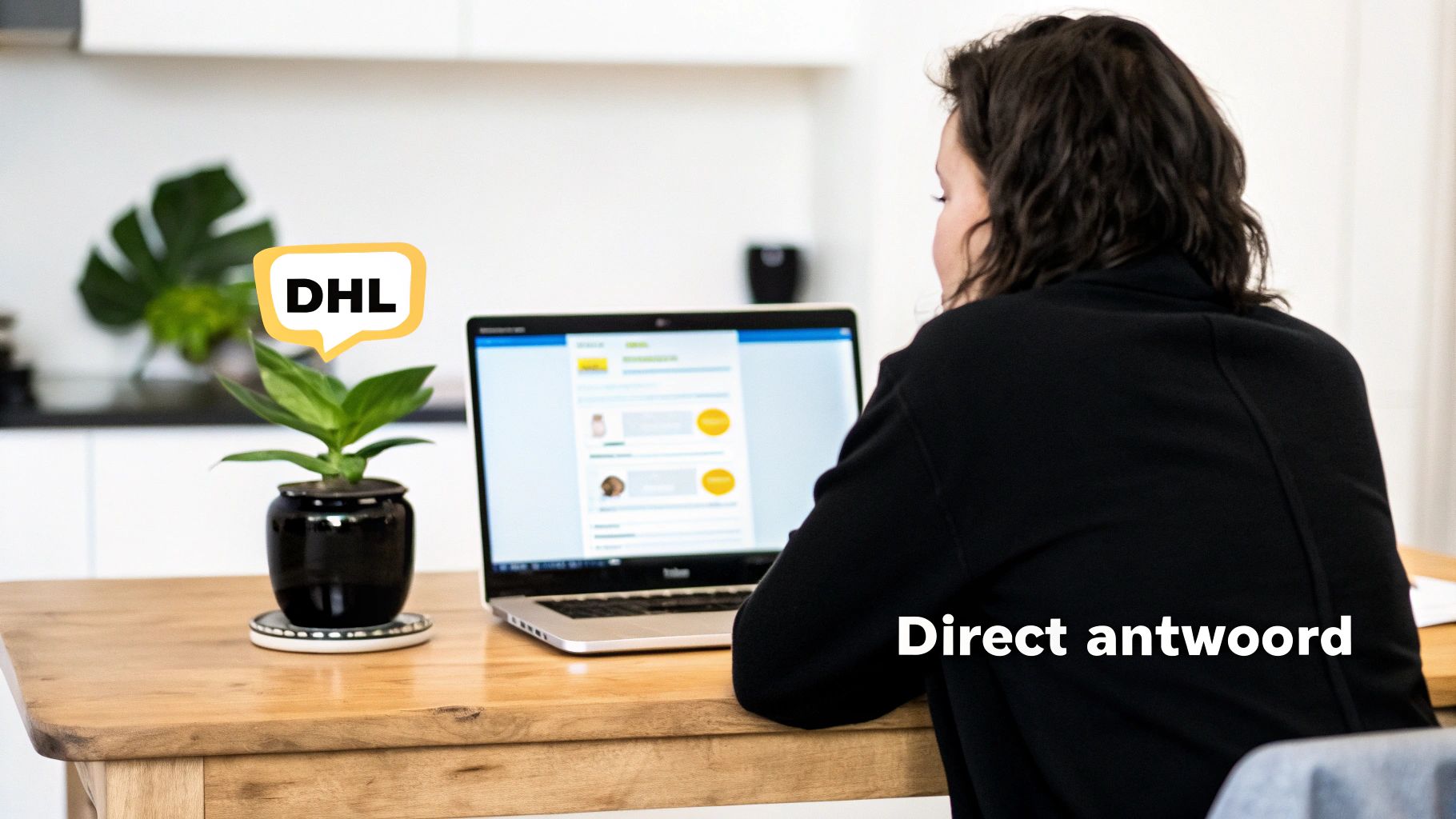 Een persoon zit achter een laptop op een houten tafel, met een plantje en een DHL chatbubbel.