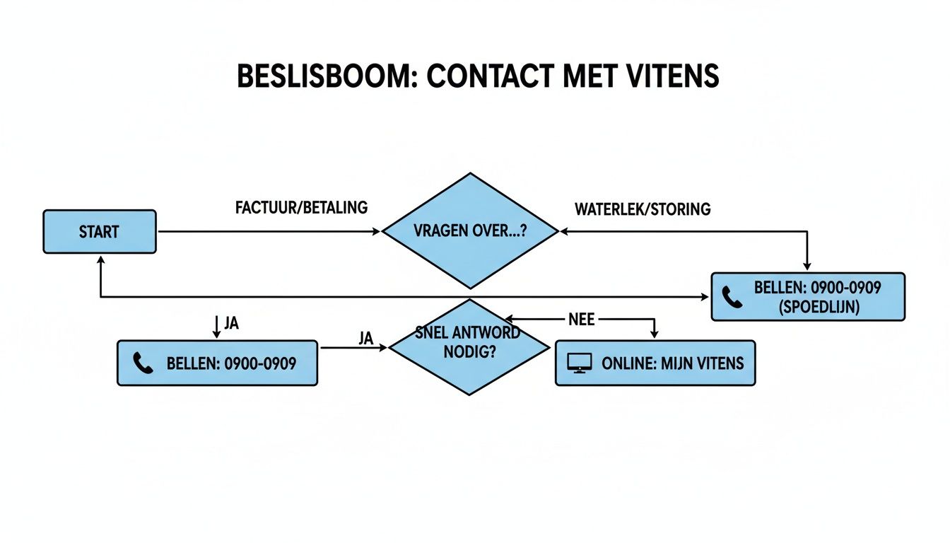 Beslisboom voor contact met Vitens, met opties voor factuur, betaling, waterlek en storing, inclusief telefoonnummers en online service.