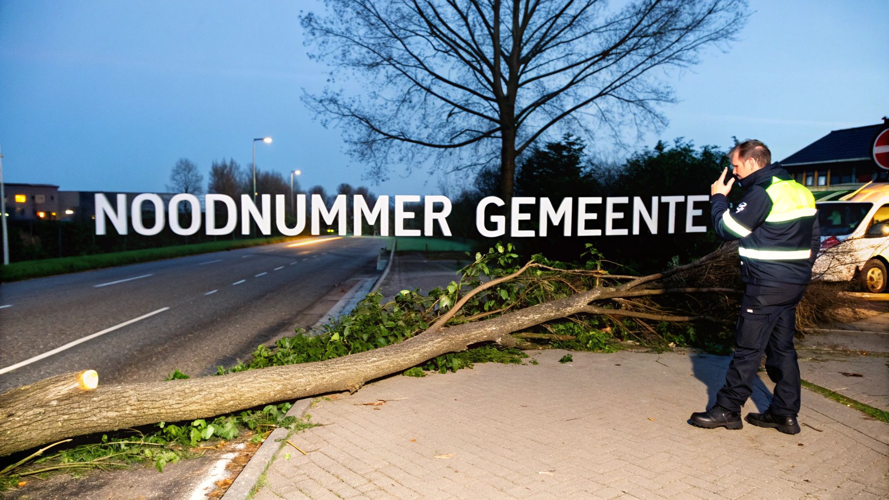 Een medewerker inspecteert een omgevallen boom die de weg blokkeert, met een 'Noodnummer Gemeente' bord op de achtergrond.
