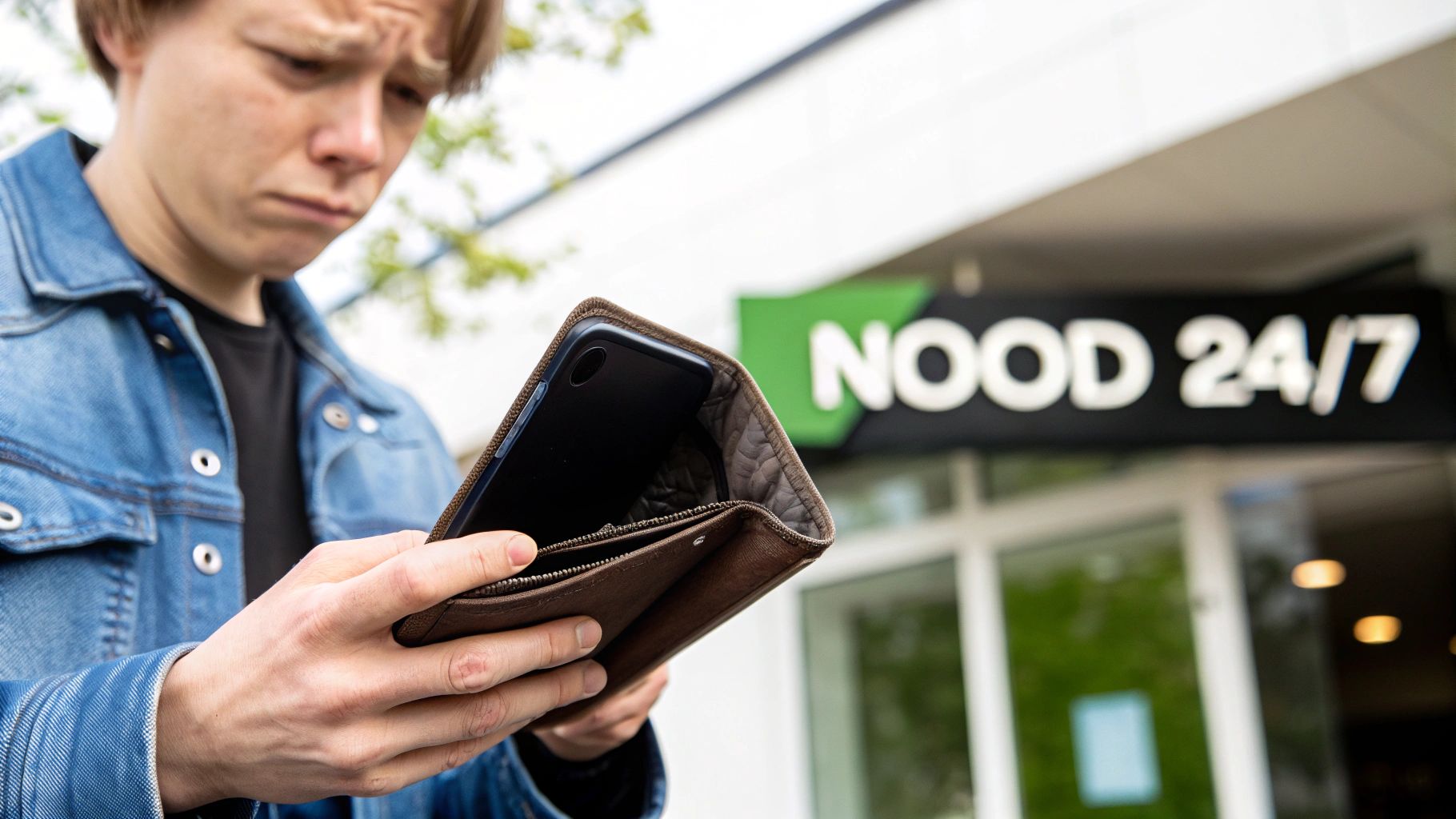 Een bezorgde jonge man kijkt in zijn portemonnee met een telefoon erin, voor een winkel genaamd "NOOD 24/7".