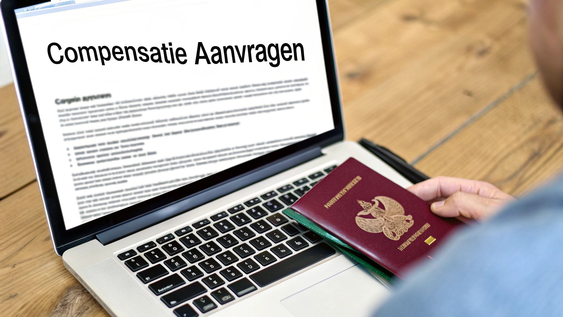 Persoon met paspoort kijkt naar laptop met 'Compensatie Aanvragen' op het scherm, klaar om een aanvraag in te dienen.