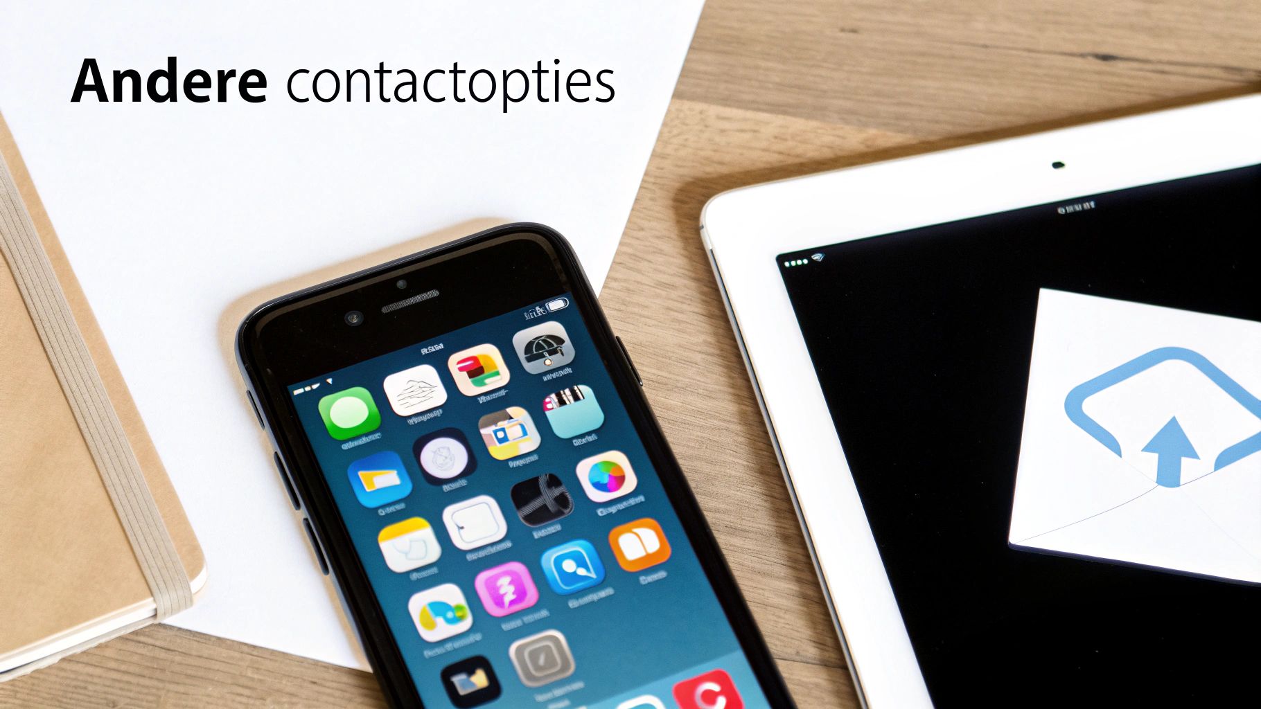 Smartphone en tablet op een bureau met de tekst 'Andere contactopties' op papier, om contactmogelijkheden te illustreren.