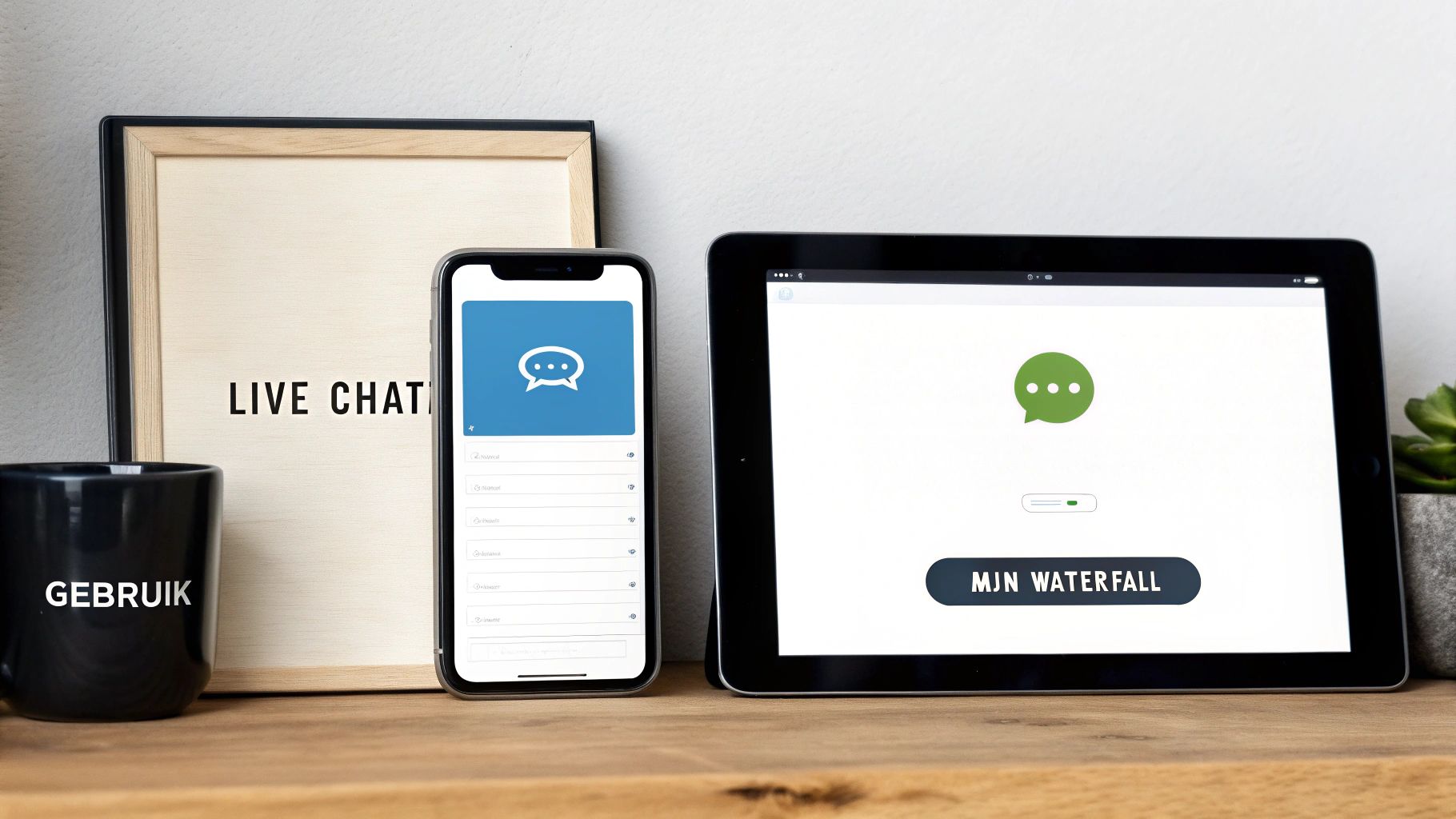 Een smartphone en tablet op een houten tafel met chatinterfaces, naast een 'LIVE CHAT' bord en een mok.