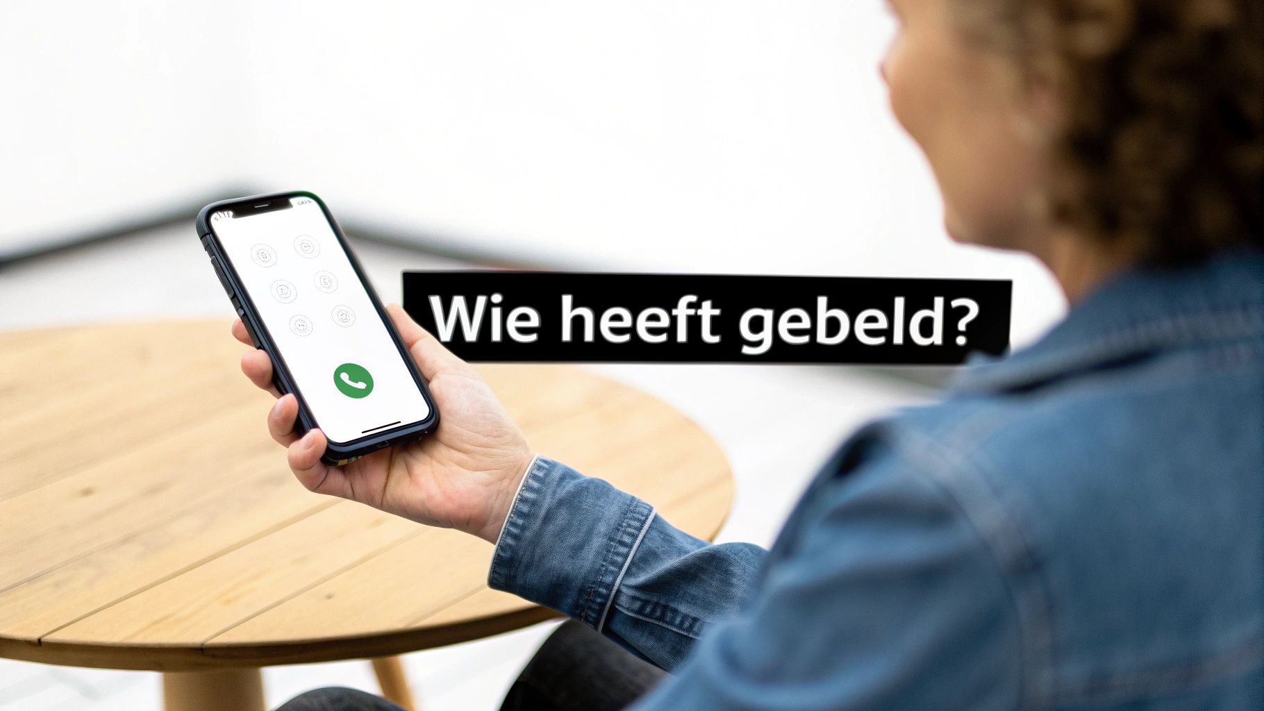 Een persoon houdt een smartphone vast met een oproepscherm, met de vraag 'Wie heeft gebeld?'