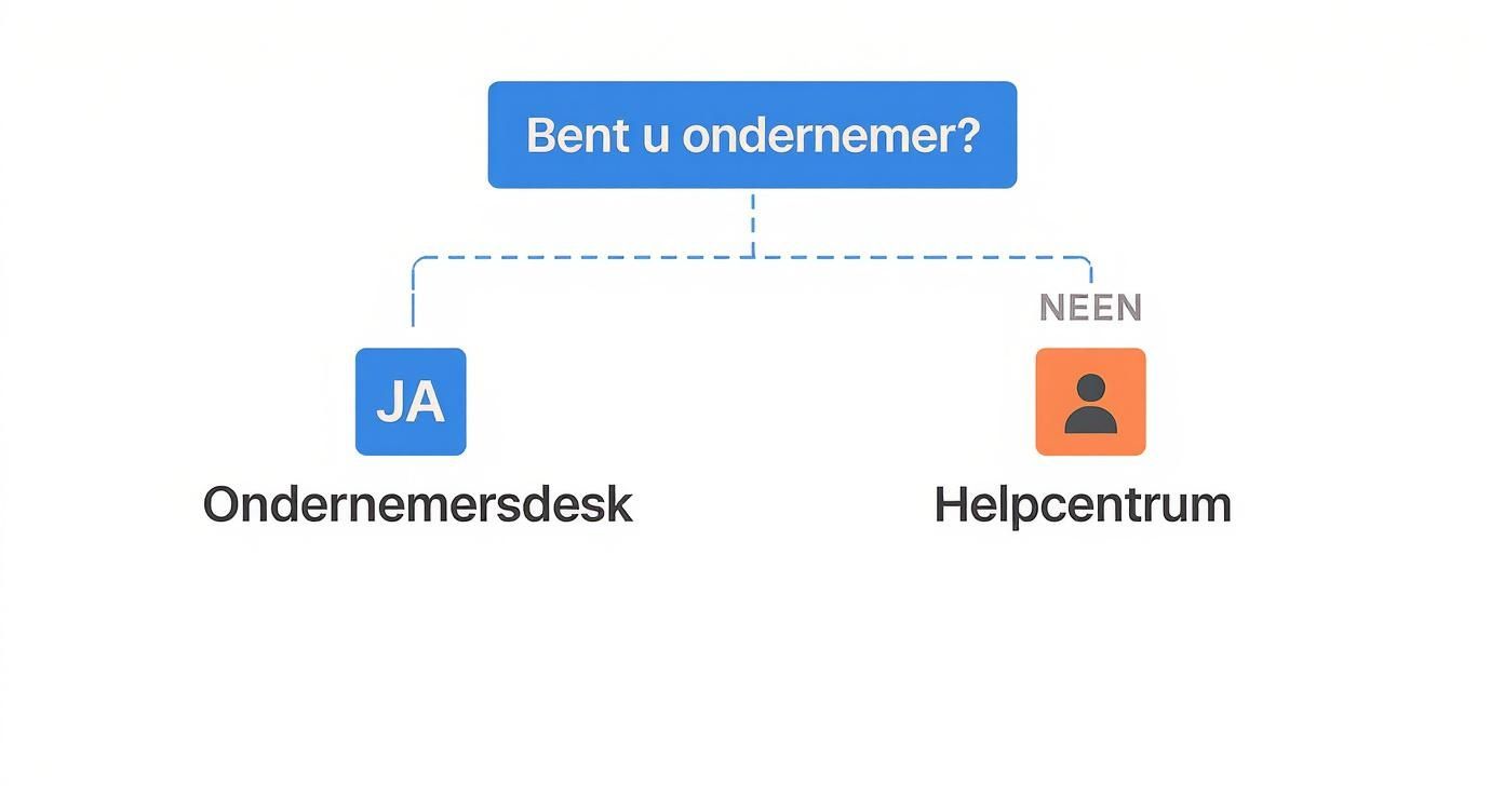 Een stroomdiagram met de vraag 'Bent u ondernemer?'. Ja leidt naar Ondernemersdesk, nee leidt naar Helpcentrum.