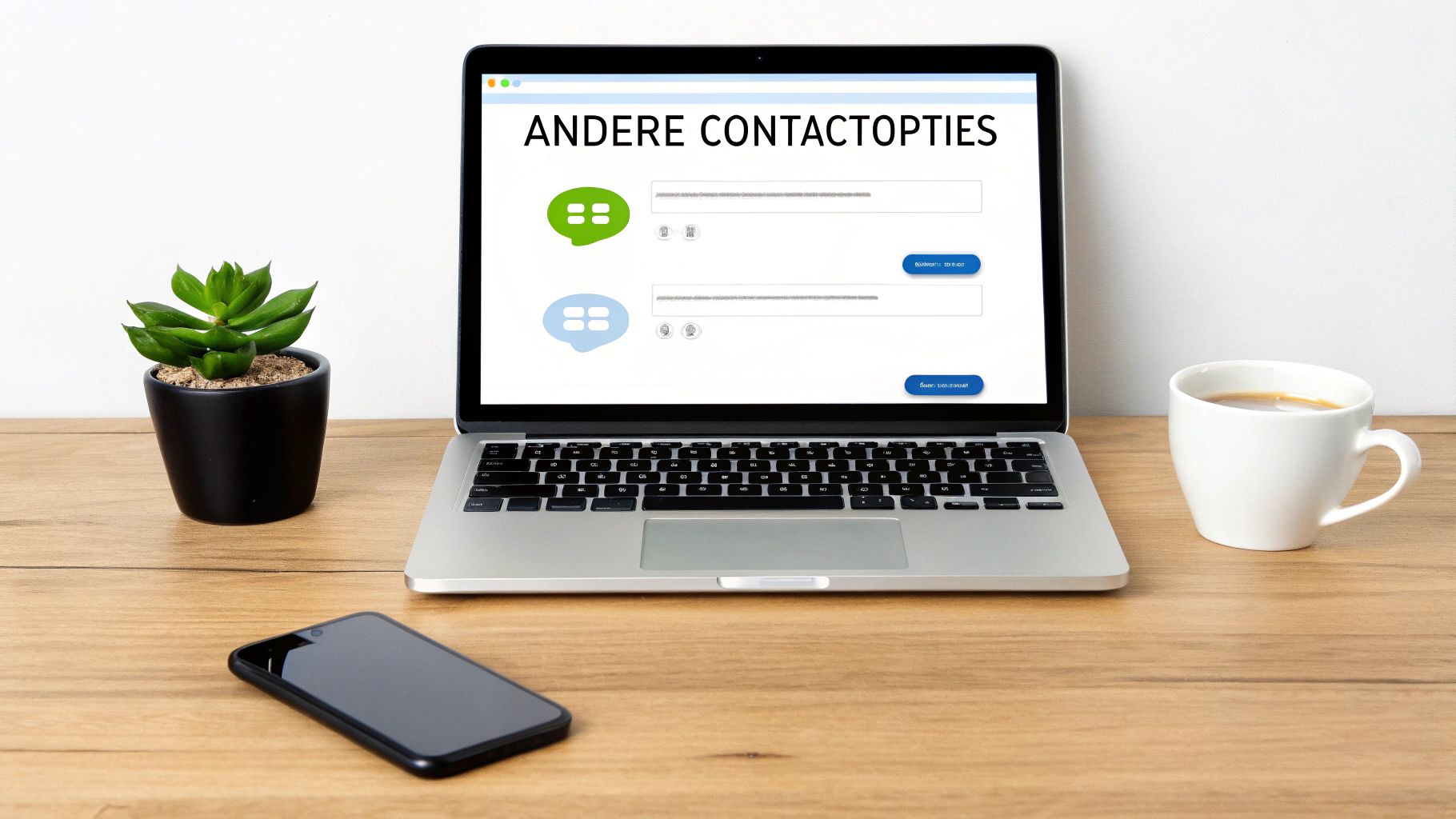 Laptop op houten bureau toont contactopties, naast smartphone, plant en koffiekopje.