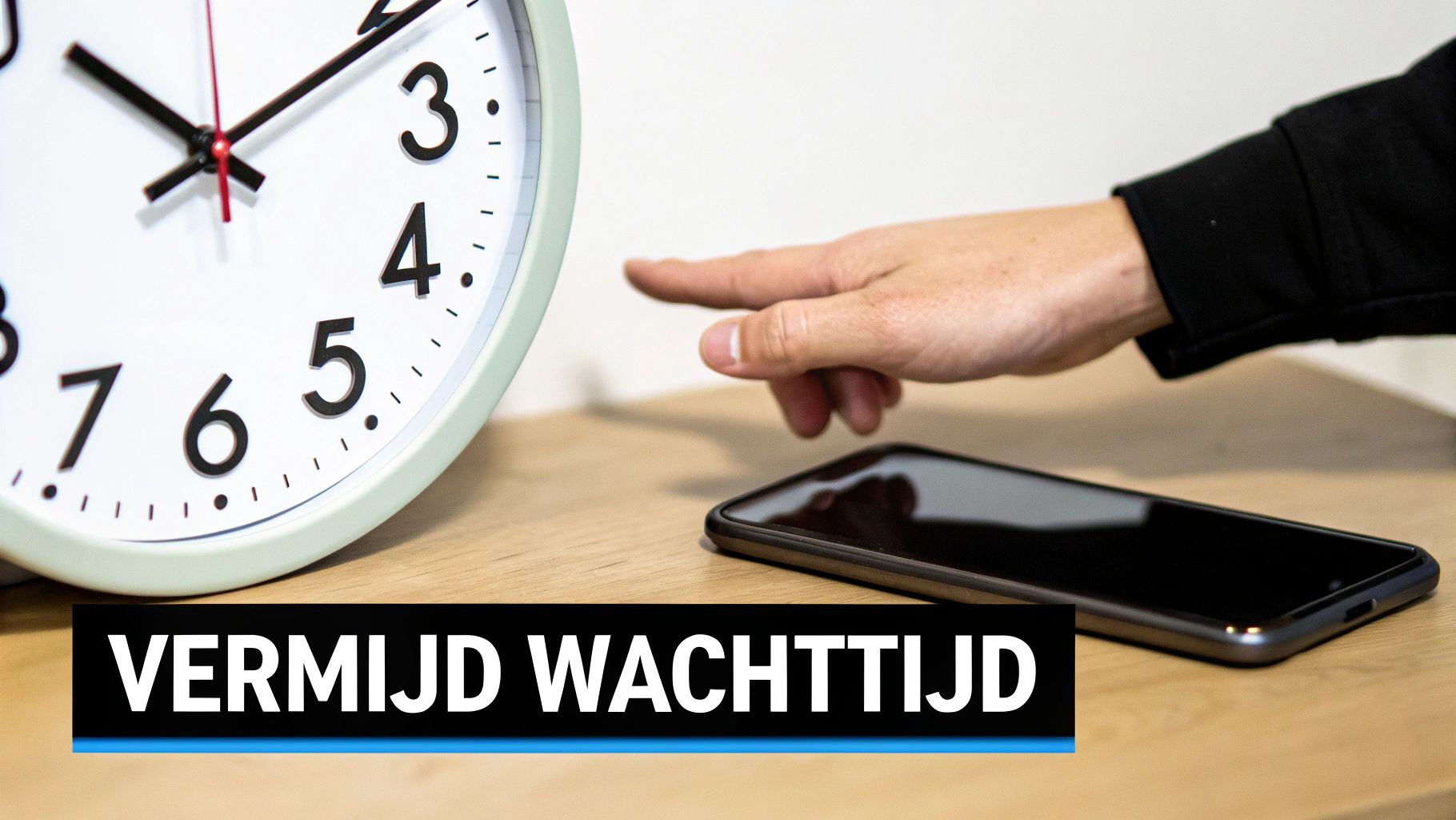 Een hand wijst naar een klok, met een smartphone op tafel en de tekst 'VERMIJD WACHTTijd', wat duidt op efficiëntie.