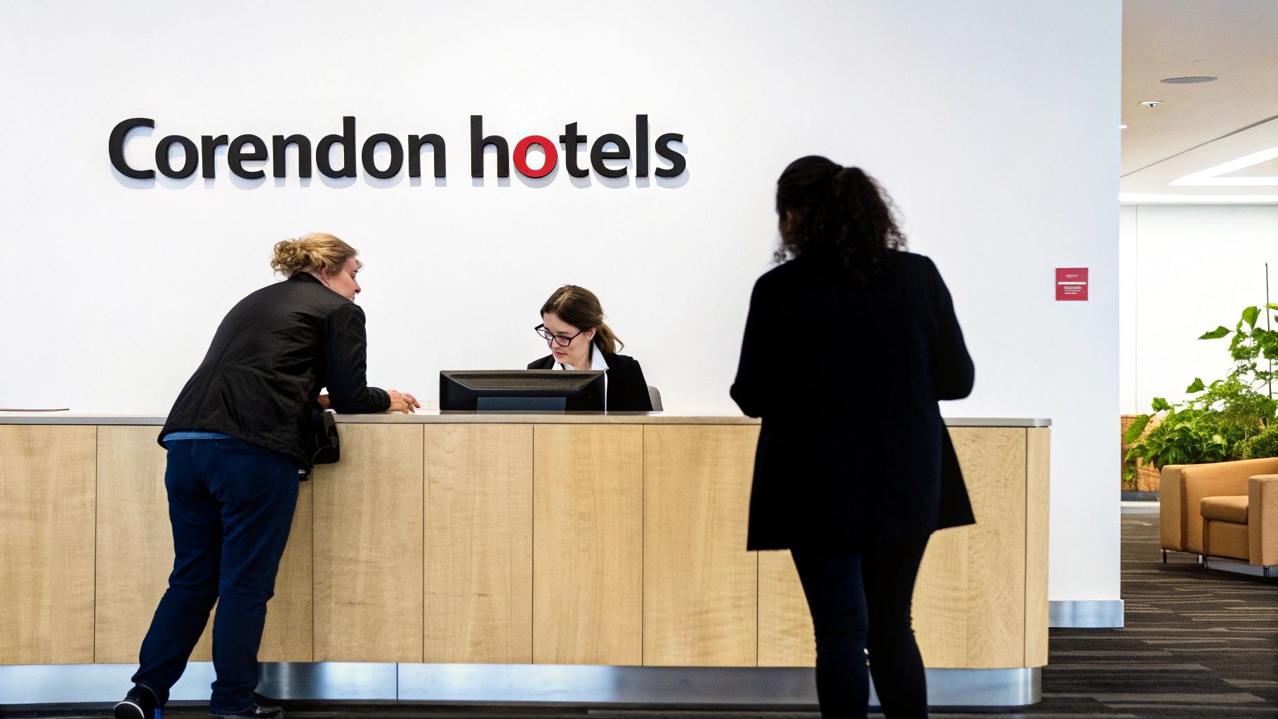 Een receptiebalie in een Corendon Hotels lobby met een receptioniste en twee gasten.