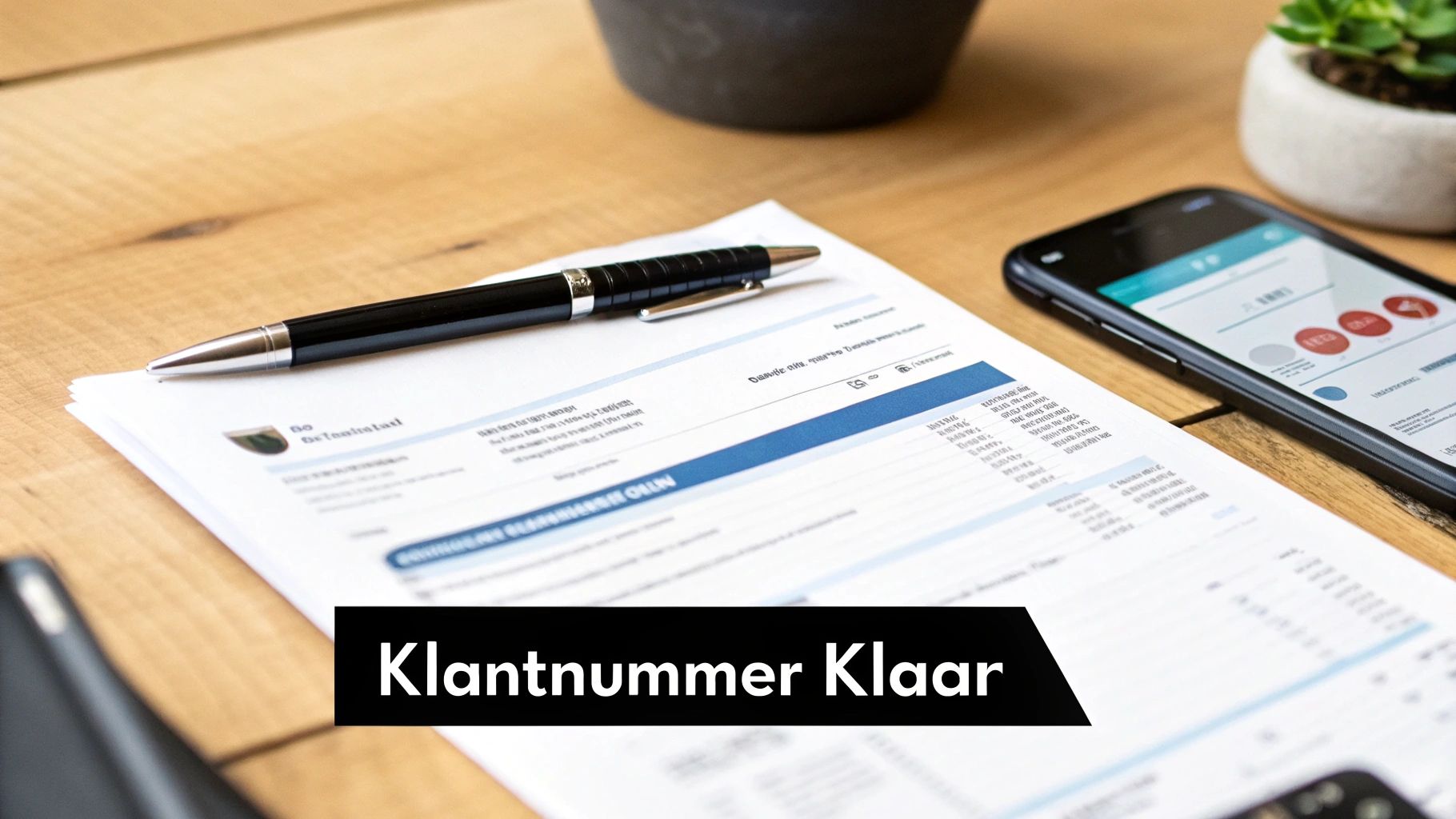 Een houten bureau met een pen op zakelijke documenten, een smartphone en een klein plantje. De tekst 'Klantnummer Klaar' is duidelijk zichtbaar.