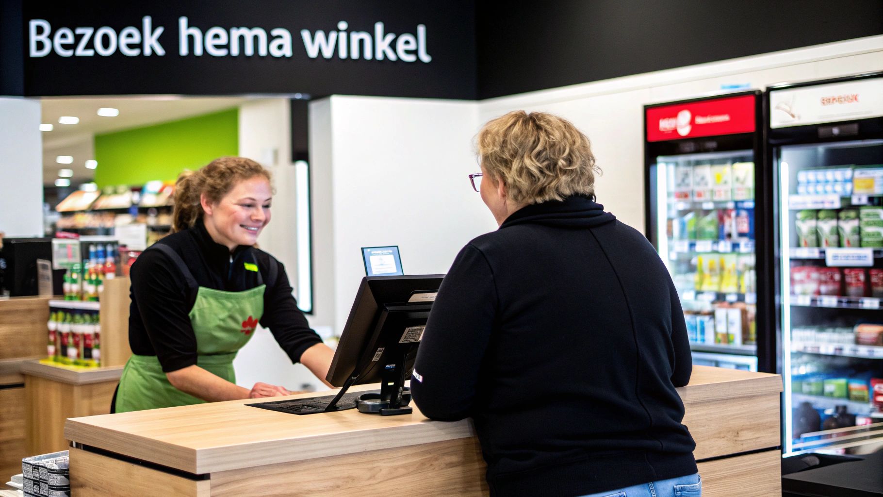 Een lachende Hema-medewerkster helpt een klant bij de kassa in een winkel, met koelkasten op de achtergrond.