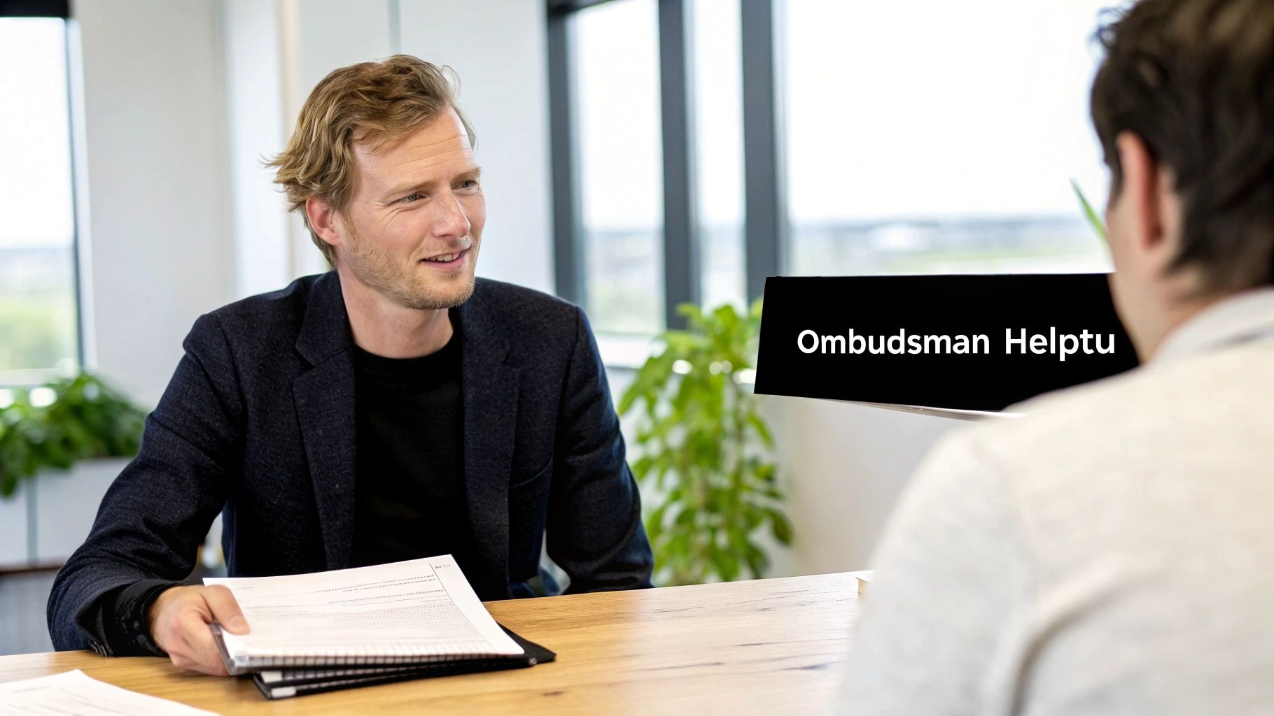 Een man, mogelijk een ombudsman, zit aan een bureau en spreekt met een cliënt over documenten, met ‘Ombudsman Helptu’ op een scherm.