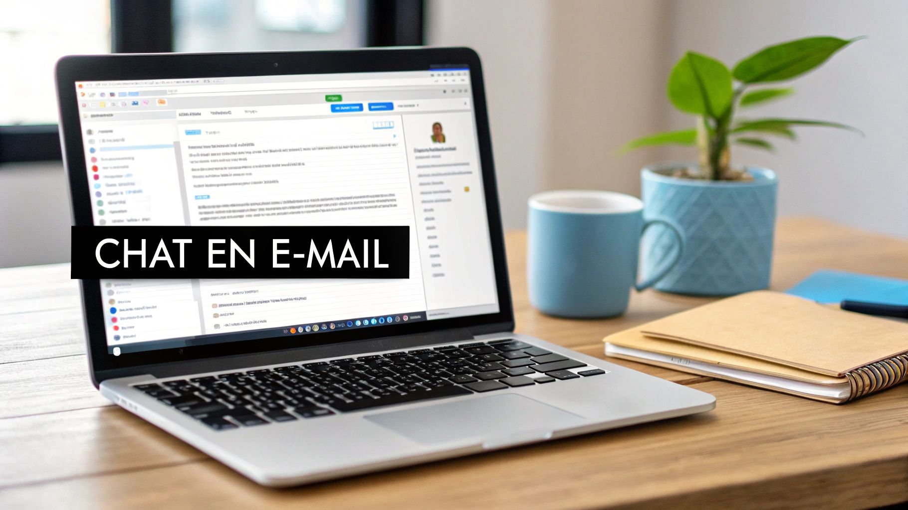 Laptop op een houten bureau toont een e-mail- en chatinterface, met een kopje en plant ernaast.