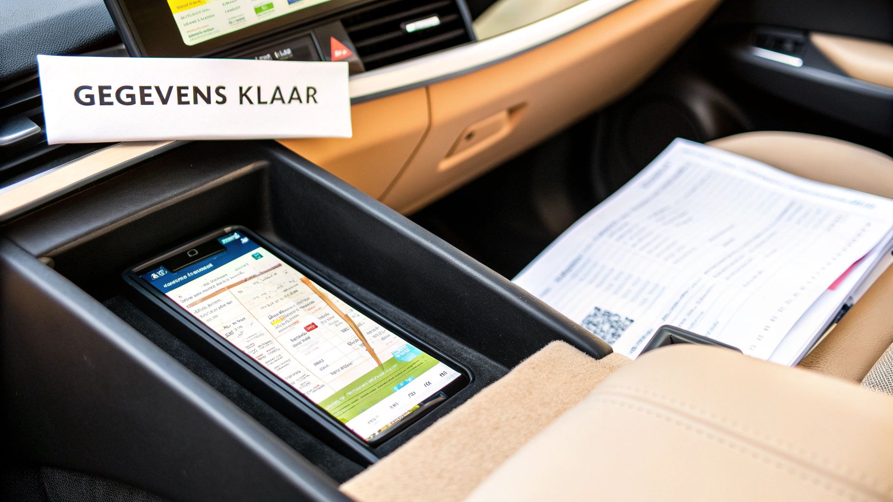 Interieur van een auto met een smartphone in de middenconsole en documenten op de bijrijdersstoel, met een notitie 'GEGEVENS KLAAR'.
