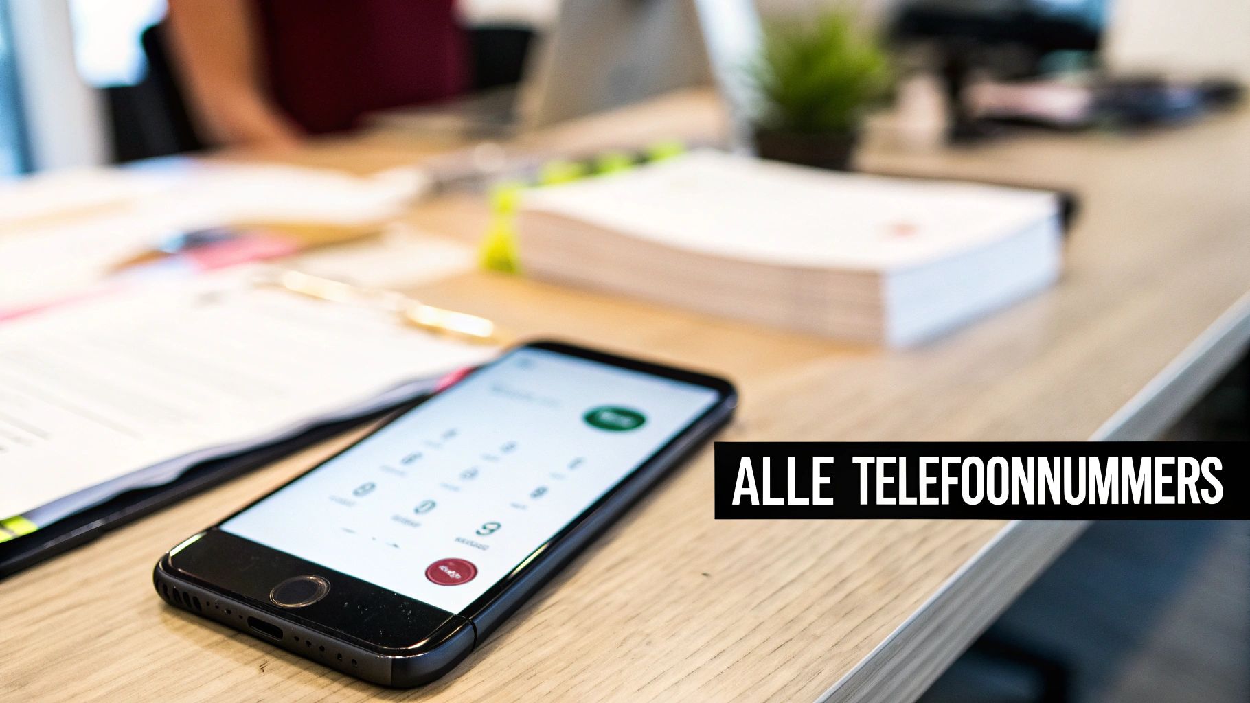 Een smartphone met kiesscherm op een houten bureau, met de titel 'ALLE TELEFOONNUMMERS'.