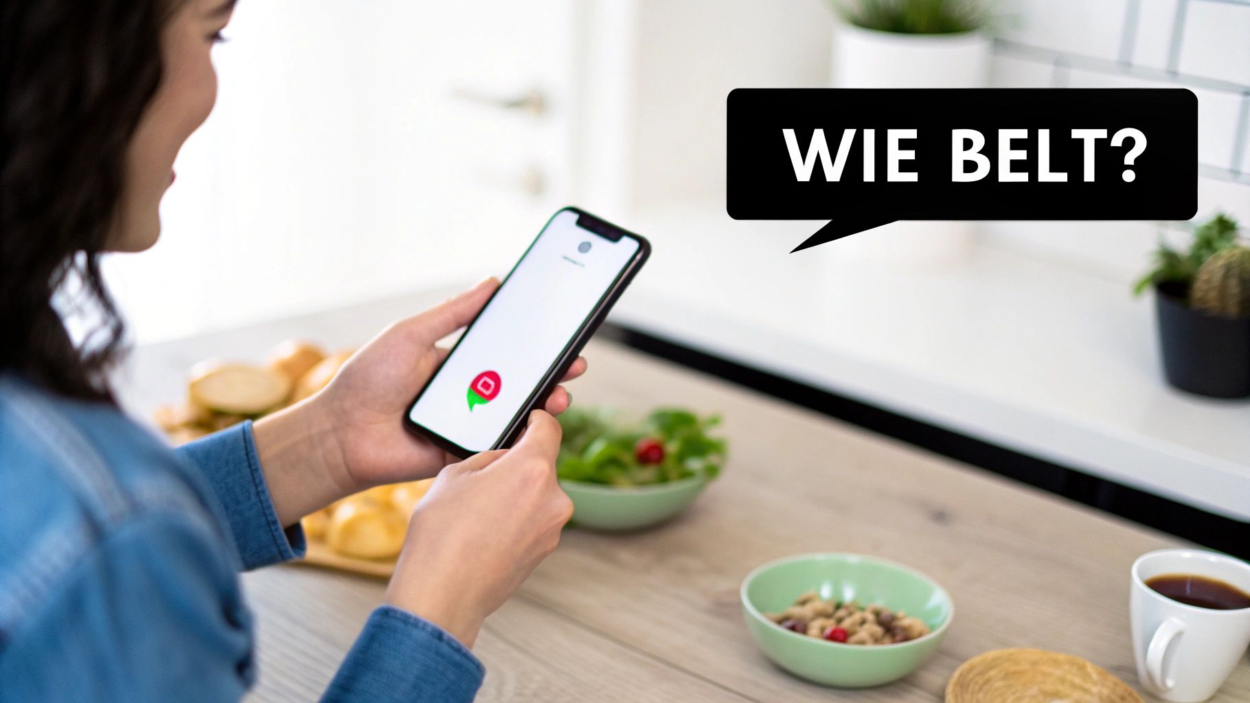 Een persoon houdt een smartphone vast in een keuken, met een spraakballon die vraagt 'Wie belt?'.