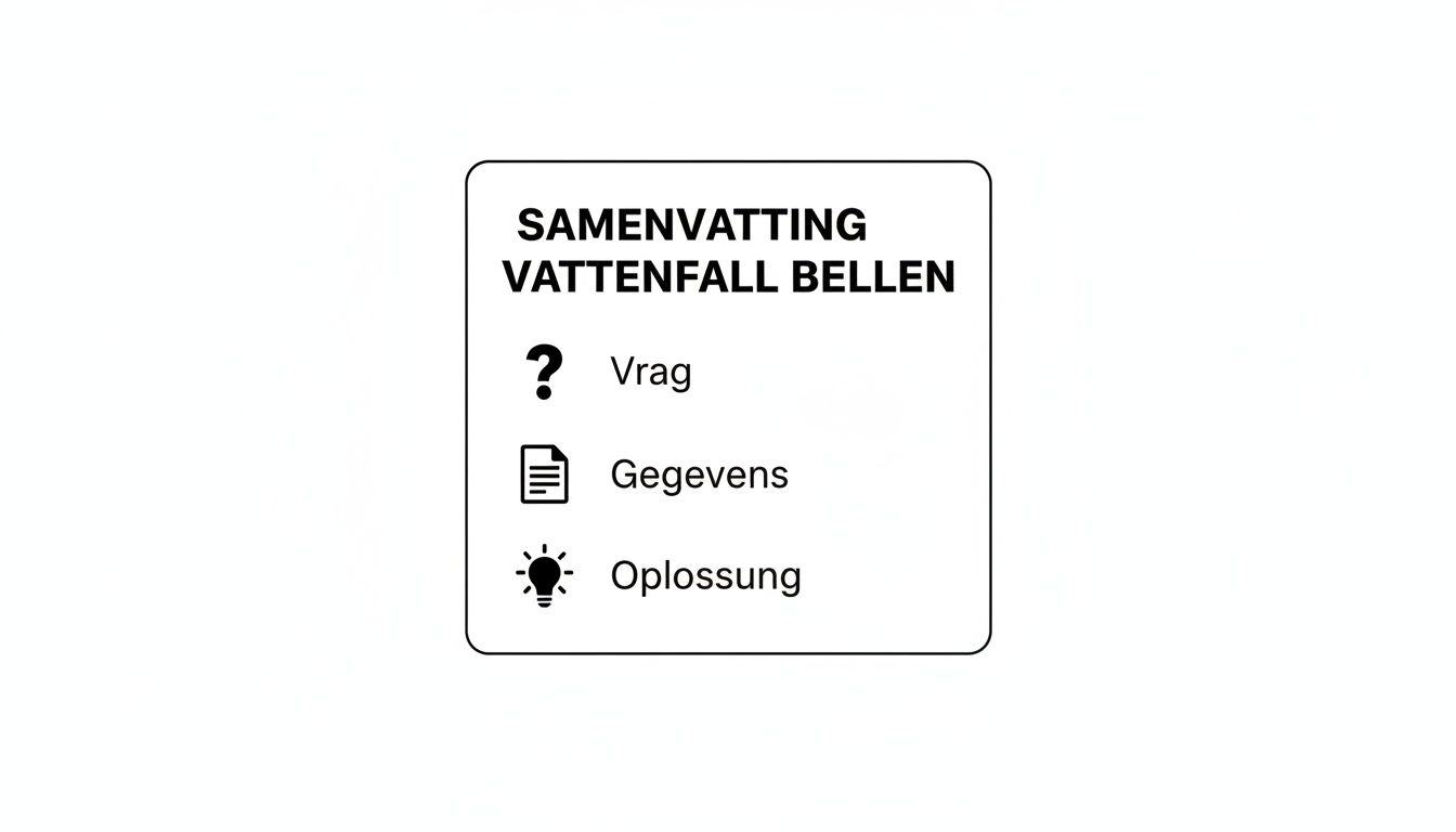 Een overzichtskaart van Vattenfall bellen met secties voor vraag, gegevens en oplossing.
