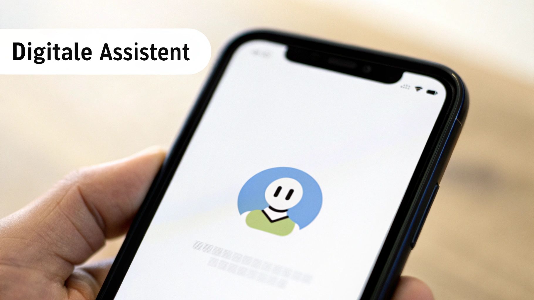 Smartphone in hand toont een icoon van een digitale assistent met de tekst 'Digitale Assistent'.