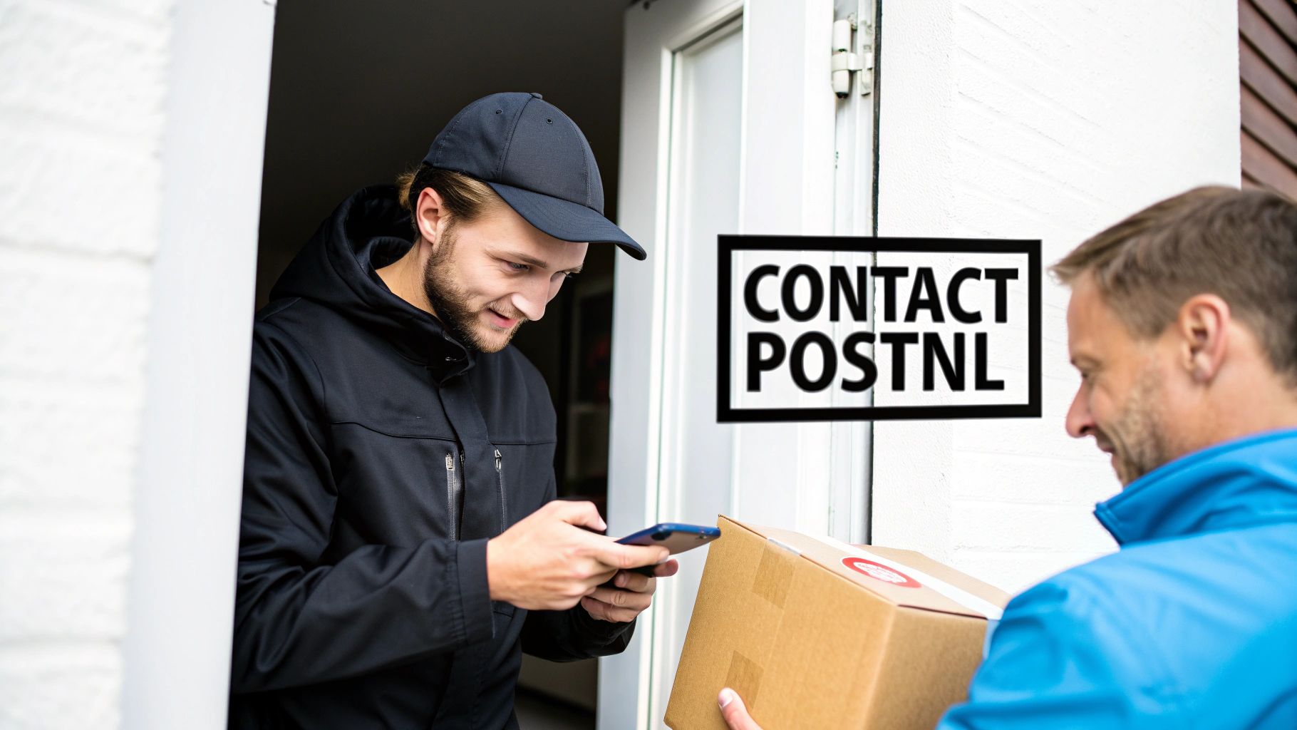 Bezorger met telefoon bij de deur overhandigt pakket aan klant. Bord 'CONTACT POSTNL' is zichtbaar.