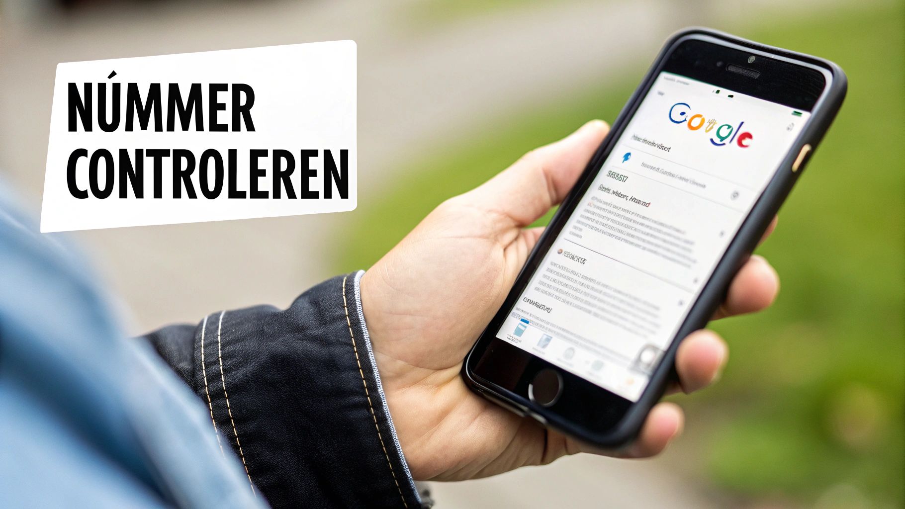 Een persoon houdt een smartphone vast met een Google-zoekpagina open en de tekst 'Nummer controleren' op de voorgrond.