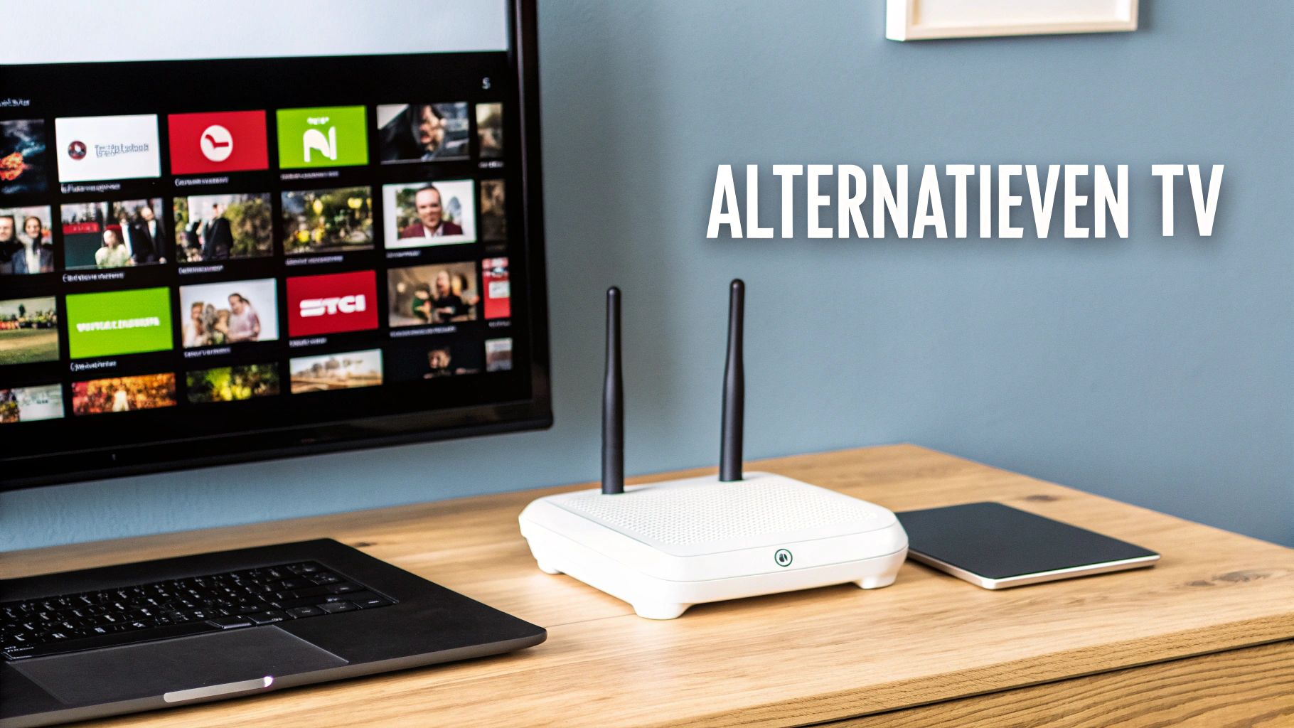 Moderne televisie op een bureau met een laptop