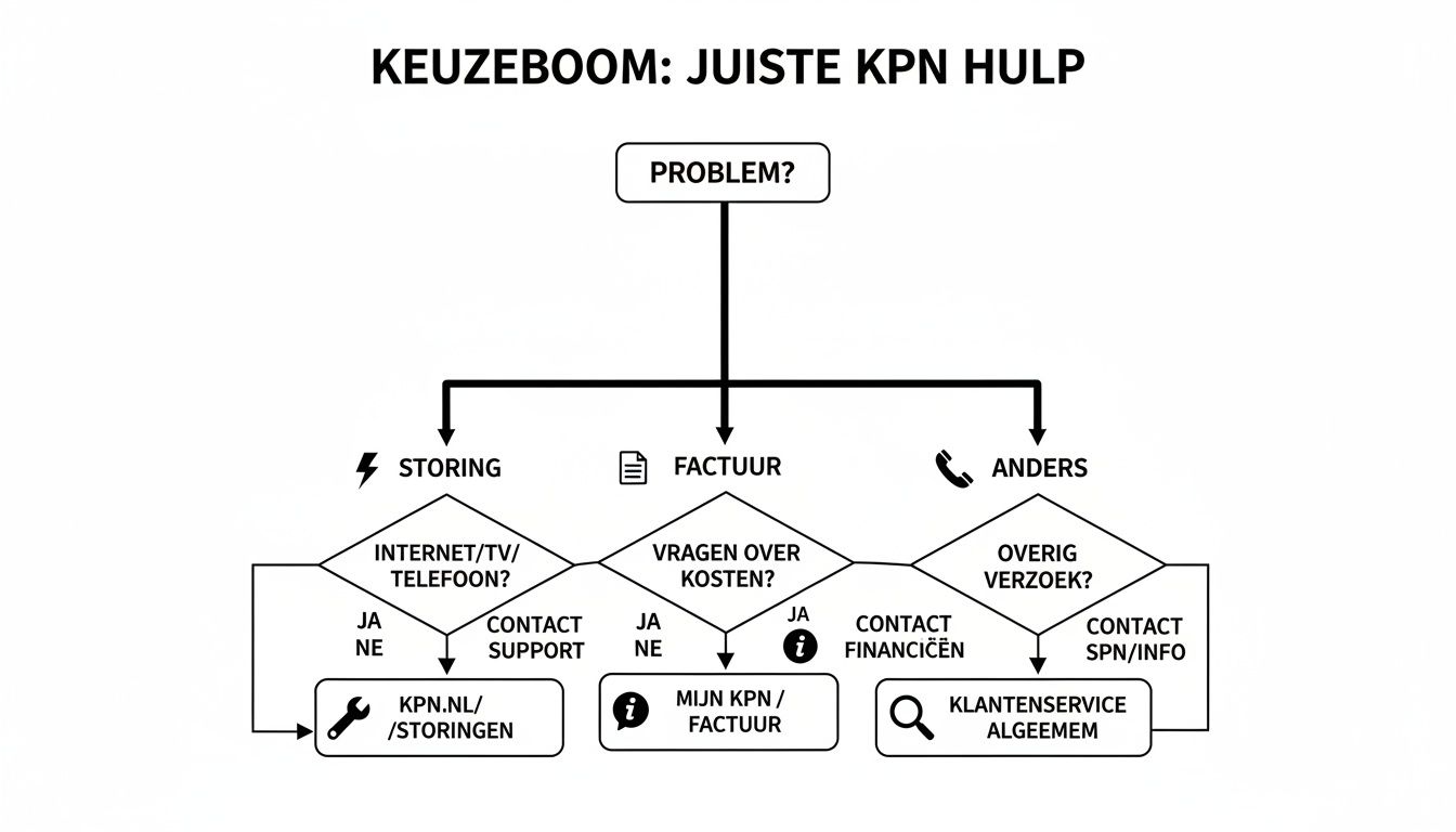 Keuzeboom KPN hulp stroomschema voor het vinden van de juiste ondersteuning bij storingen, facturen of andere vragen.