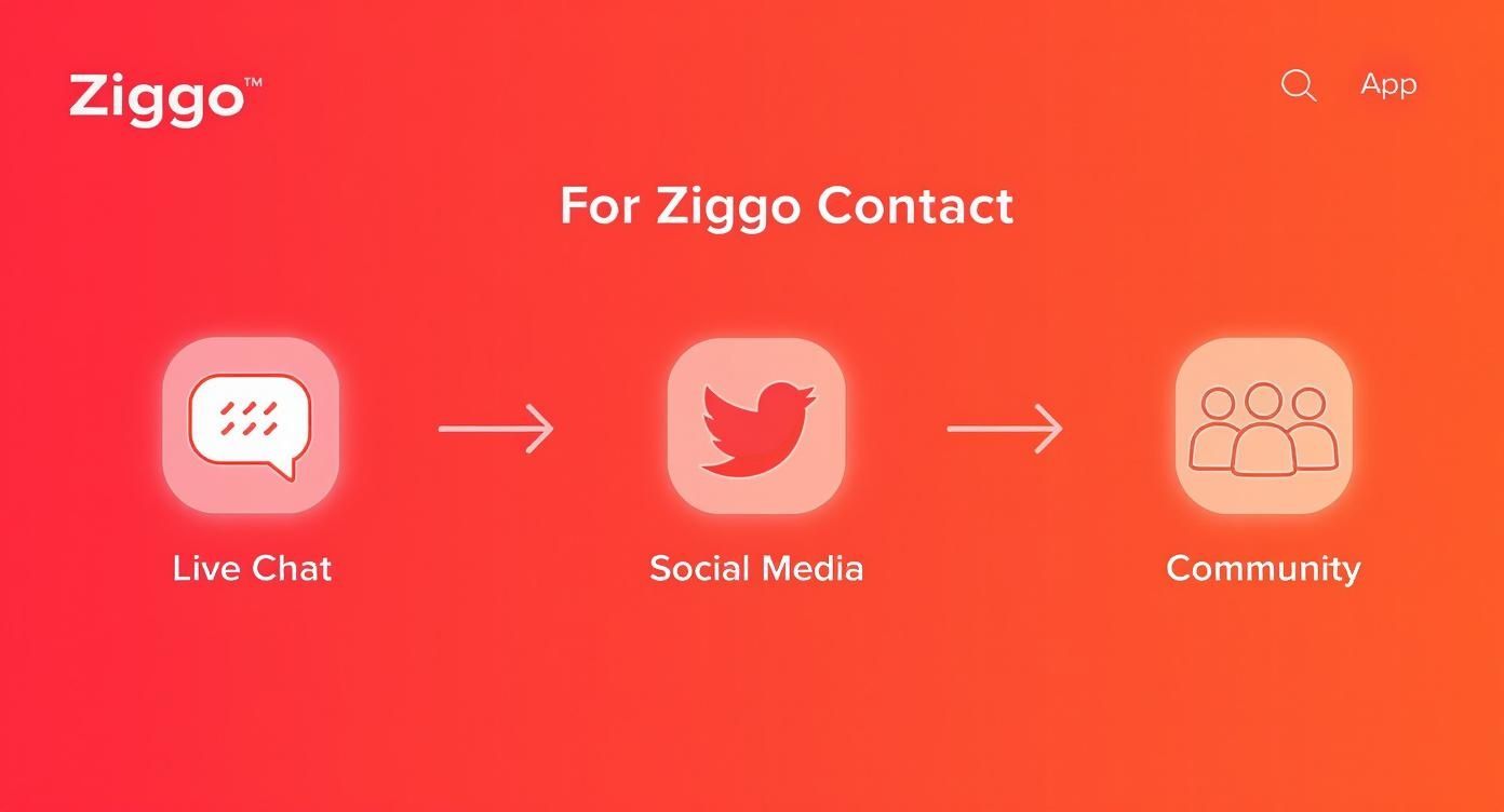 Infographic die het proces van contact opnemen met Ziggo visualiseert via Live Chat, Sociale Media en de Community.