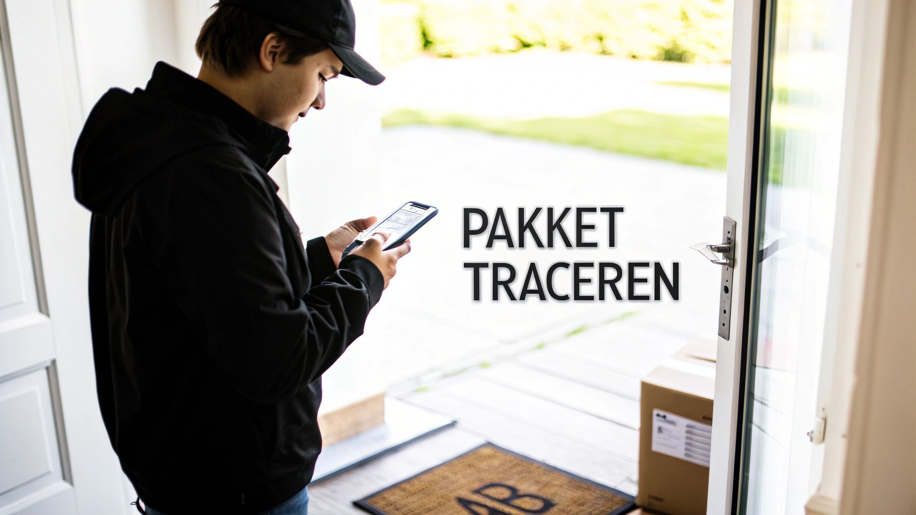 Een bezorger in zwarte jas en pet scant een smartphone bij een open deur, met een pakket en de tekst 'PAKKET TRACEREN'.