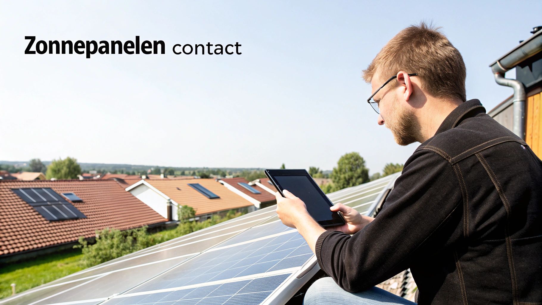 Man op dak met zonnepanelen controleert tablet, met andere daken met zonnepanelen in de verte.