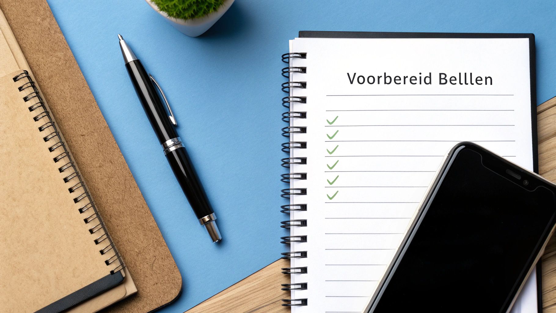 Een persoon die aantekeningen maakt naast een laptop, ter voorbereiding op een telefoongesprek.