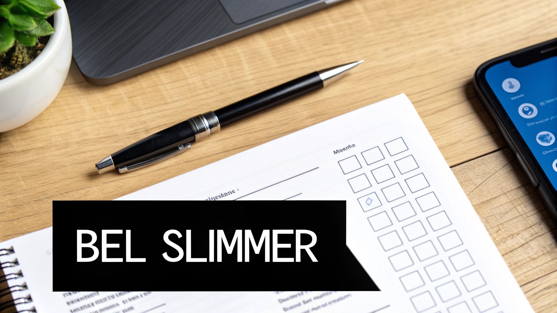 Bureau met pen op papier, laptop, plant en smartphone, met de tekst 'BEL SLIMMER'.