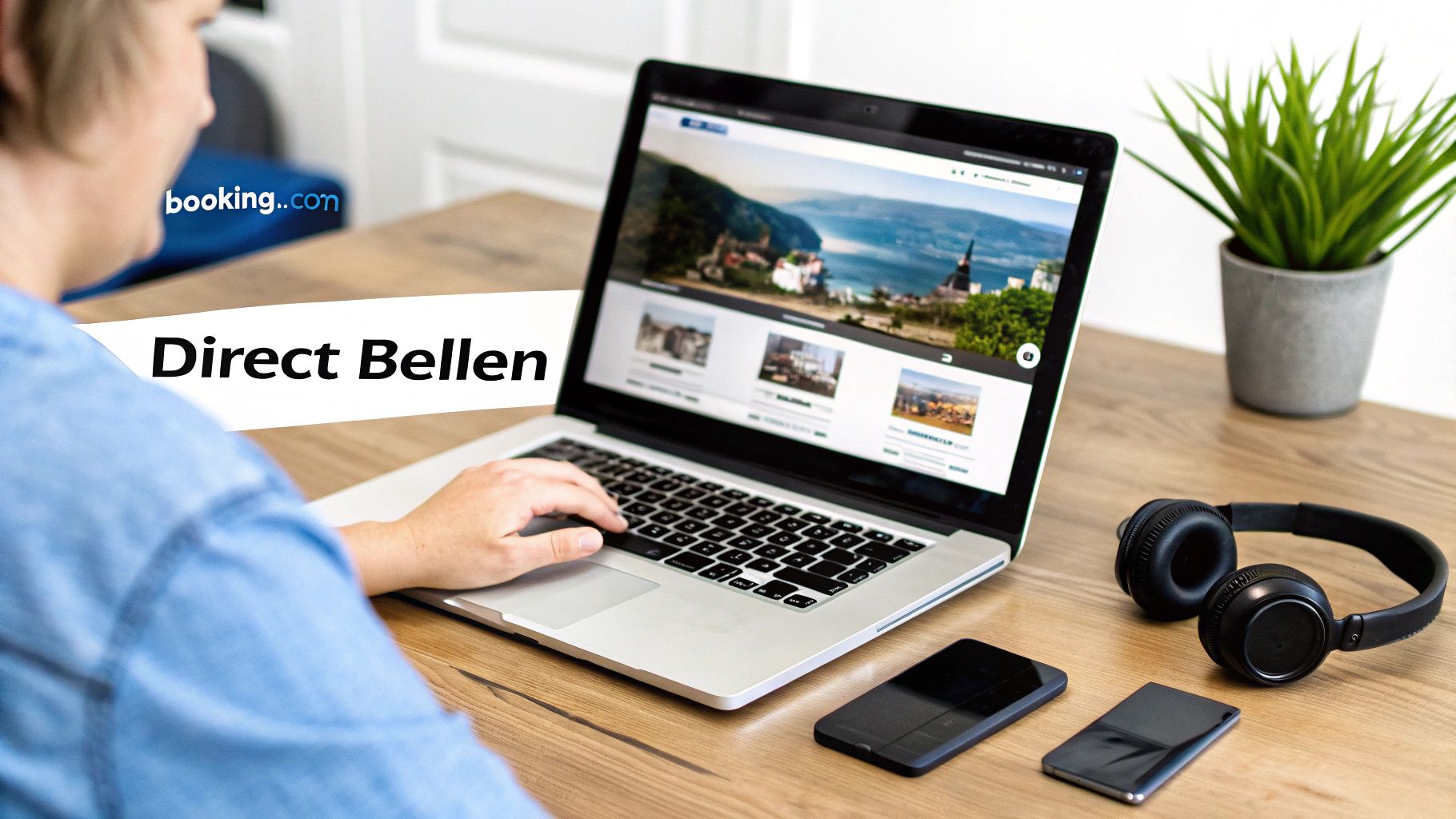 Persoon gebruikt laptop voor Booking.com met 'Direct Bellen' tekst. Op bureau liggen koptelefoon en smartphones.