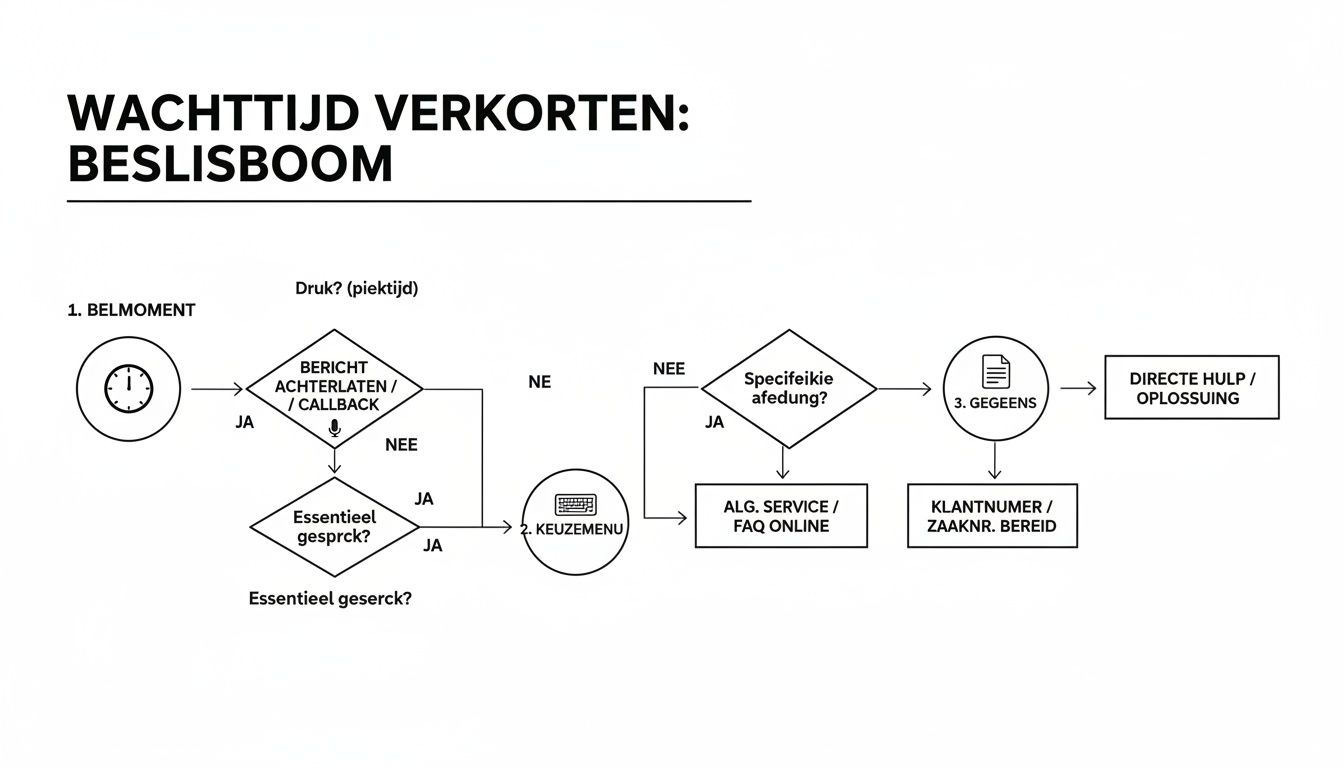 Flowchart over het verkorten van wachttijden bij telefonische klantenservice, met opties voor callback en online hulp.