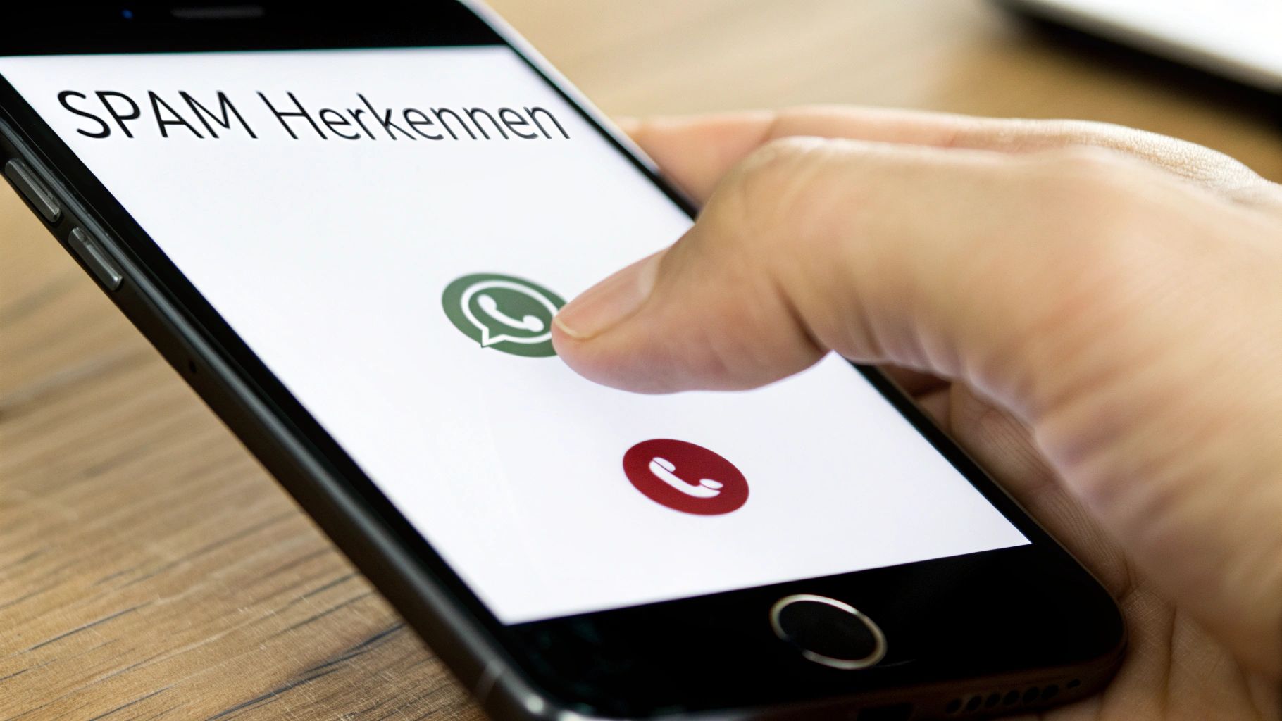 Een hand bedient een smartphone die 'SPAM Herkennen' toont en drukt op het WhatsApp belicoon.