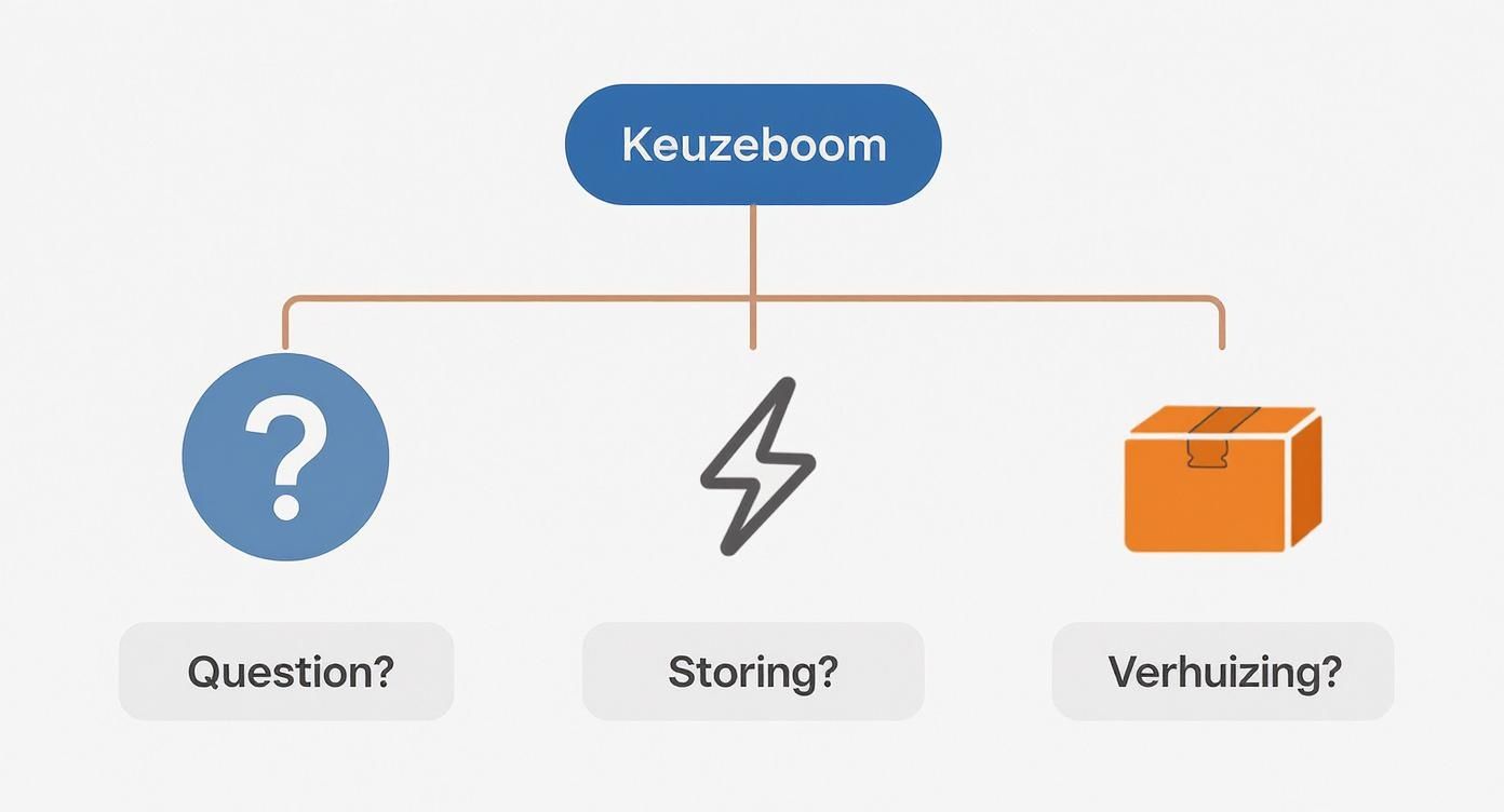 Een 'Keuzeboom' diagram met keuzes voor vragen, storingen of verhuizingen, elk met een bijbehorend icoon.