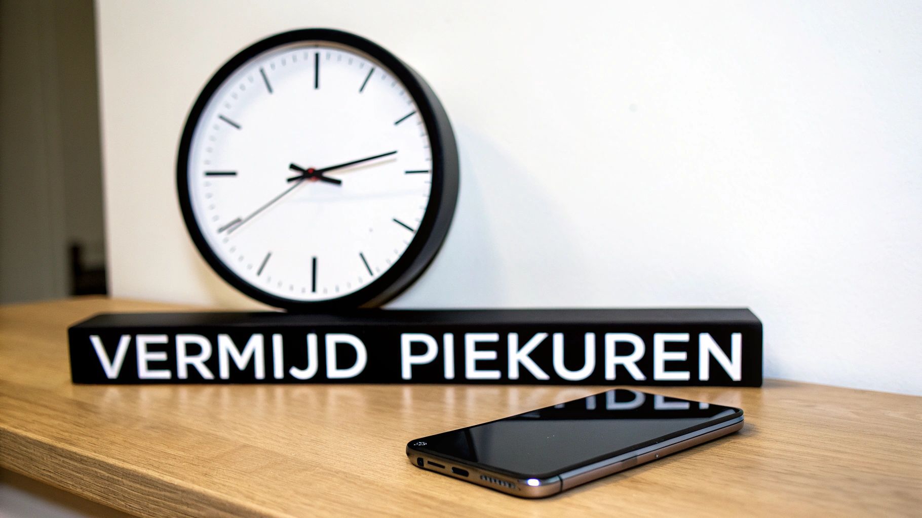 Een zwarte klok, een bord met 'VERMIJD PIEKUREN' en een smartphone op een houten tafel.