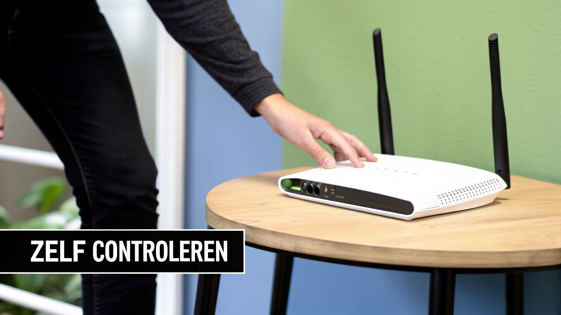 Een hand controleert een witte internetrouter op een houten tafel, mogelijk voor het oplossen van een storing.