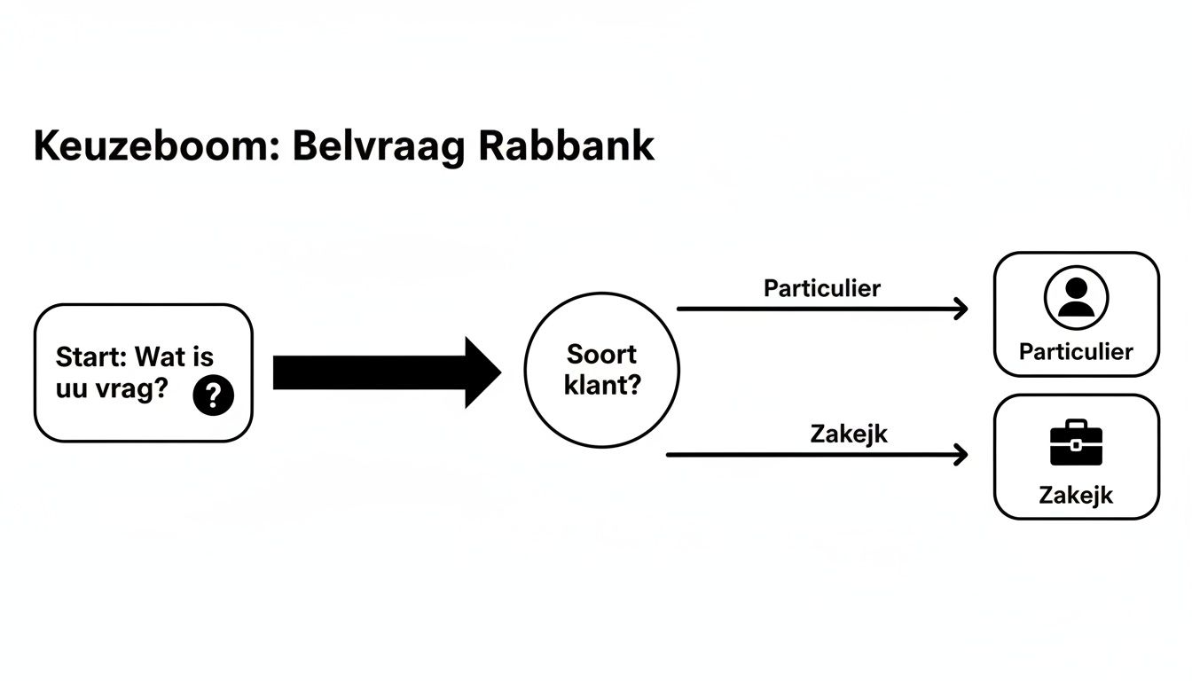 Een flowchart van Rabobank voor telefoonvragen, met opties voor particuliere of zakelijke klanten.