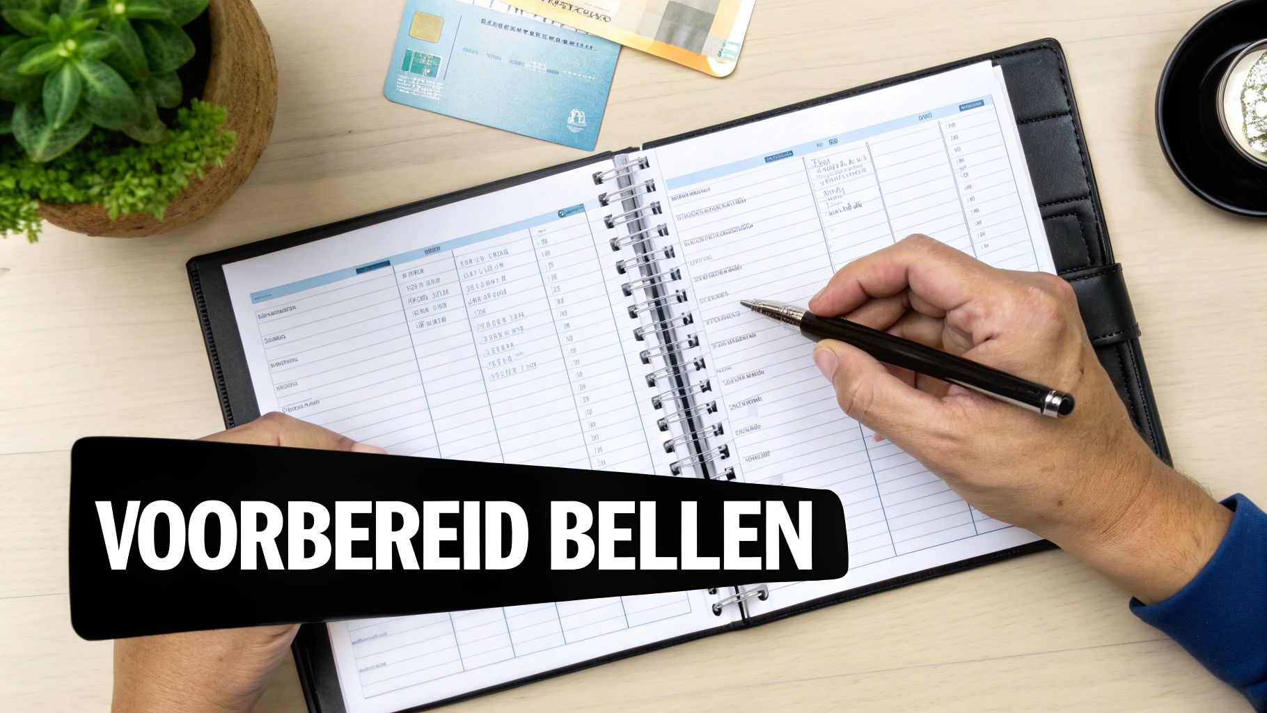 Hand schrijft in agenda met pen, omringd door plant en bankpasjes, met tekst 'VOORBEREID BELLEN'.
