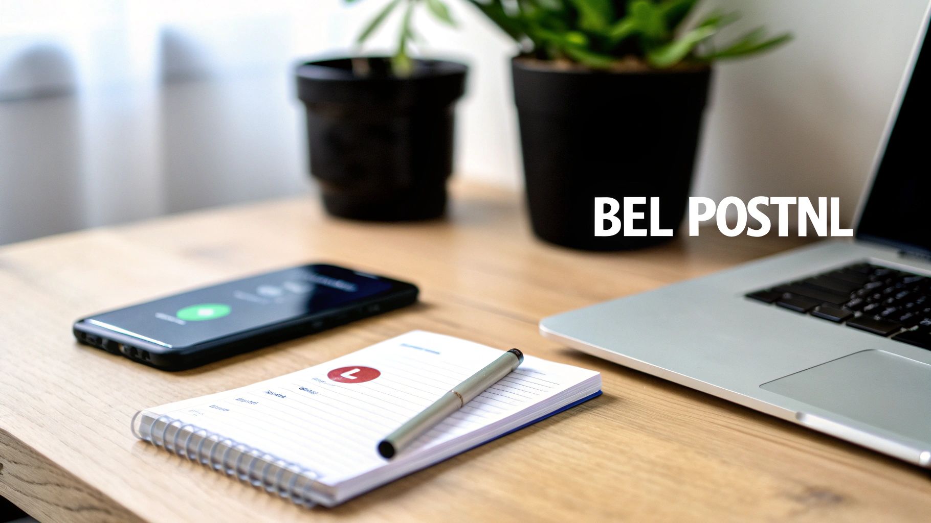 Een houten bureau met een smartphone die belt, een notitieboekje, een laptop en planten op de achtergrond. De tekst 'BEL POSTNL' is zichtbaar.