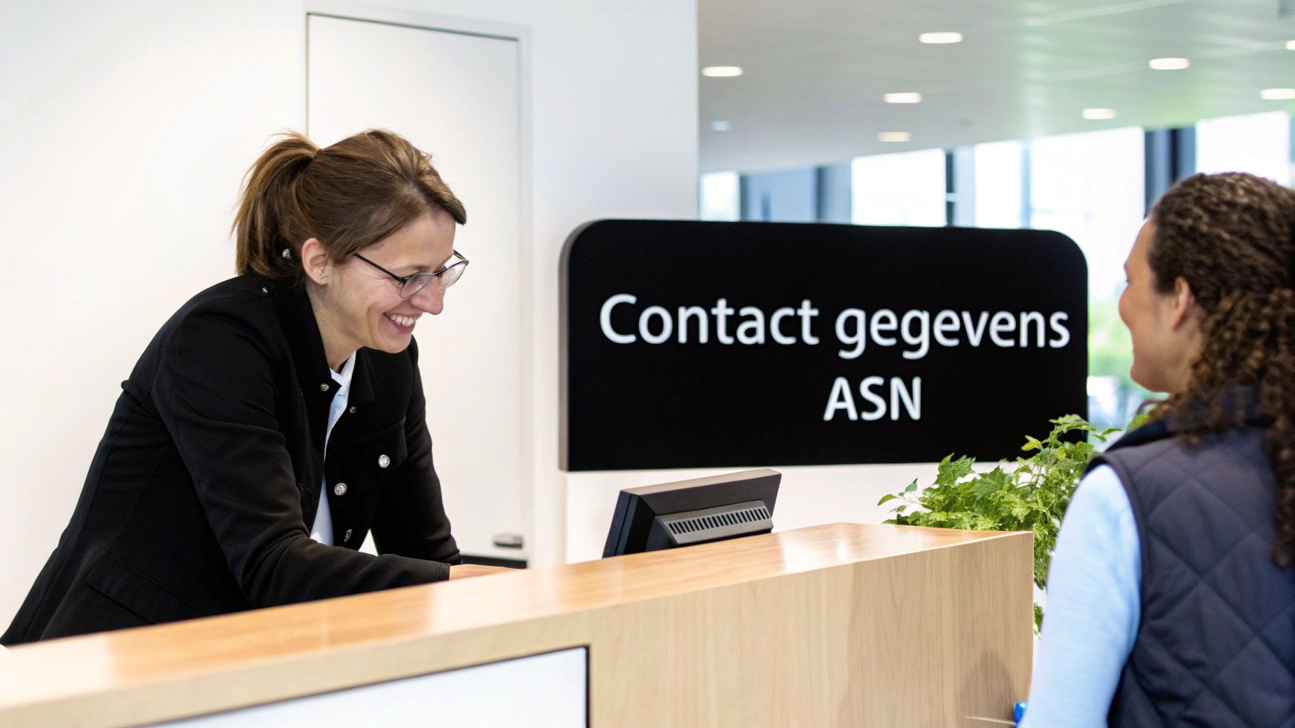 Een vriendelijke medewerker van ASN Bank met bril en paardenstaart helpt een klant aan een houten balie.