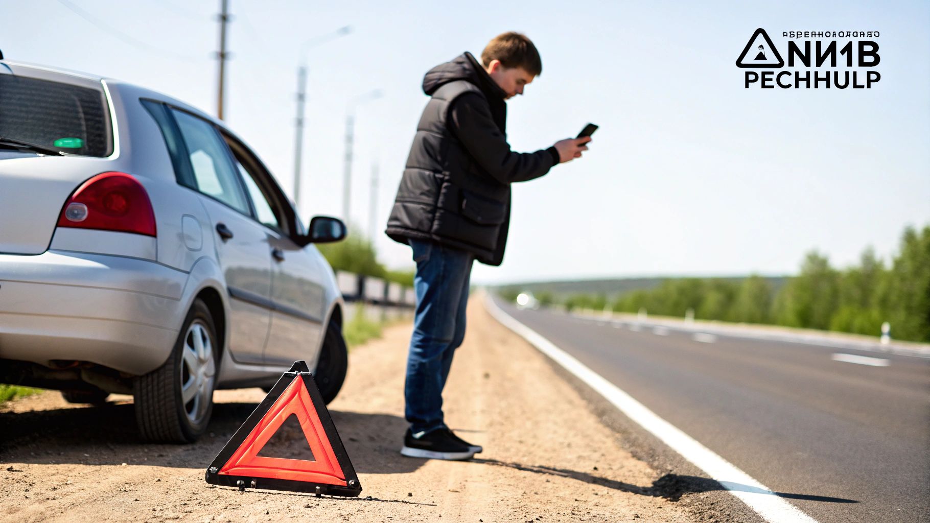 Een man belt met zijn telefoon naast een zilveren auto met pech en gevarendriehoek aan de kant van een landweg.