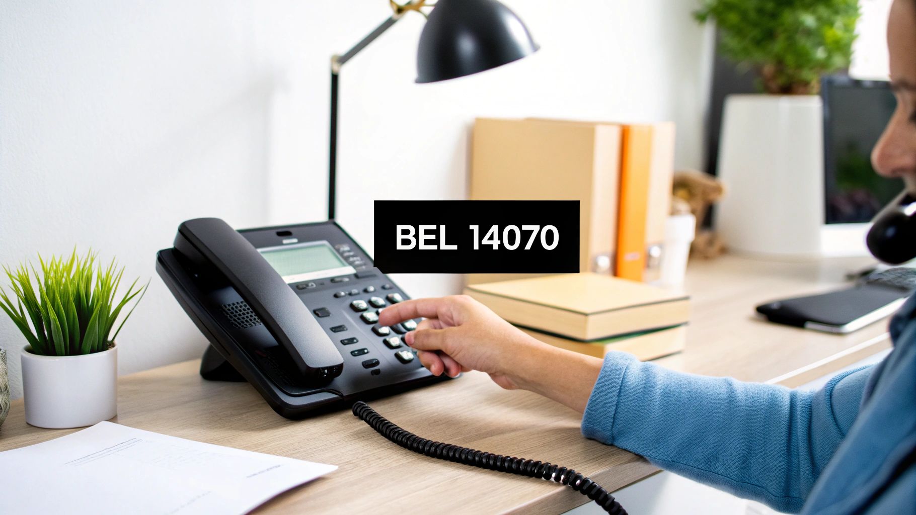 Een persoon toetst een telefoonnummer in op een zwart bureautelefoon, zittend aan een bureau in een kantooromgeving.