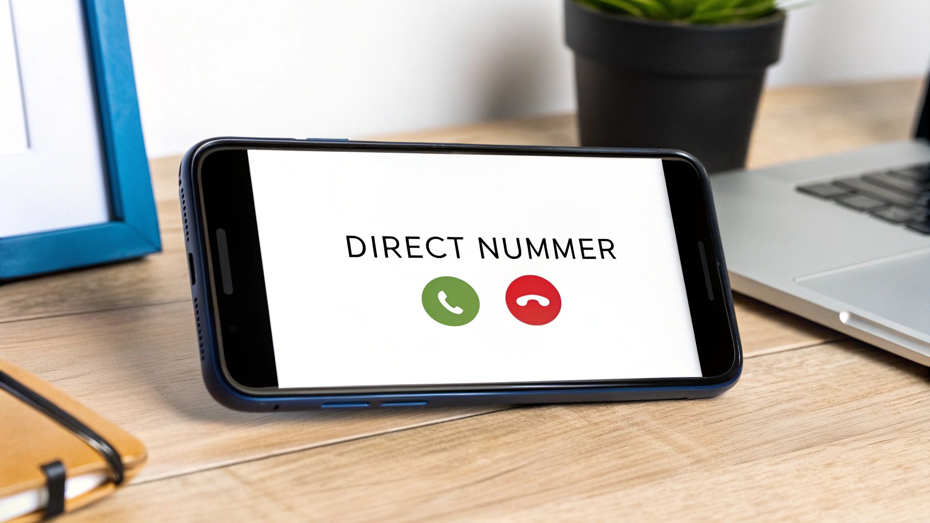 Een smartphone op een houten bureau toont 'DIRECT NUMMER' met groene en rode knoppen voor een inkomend gesprek.