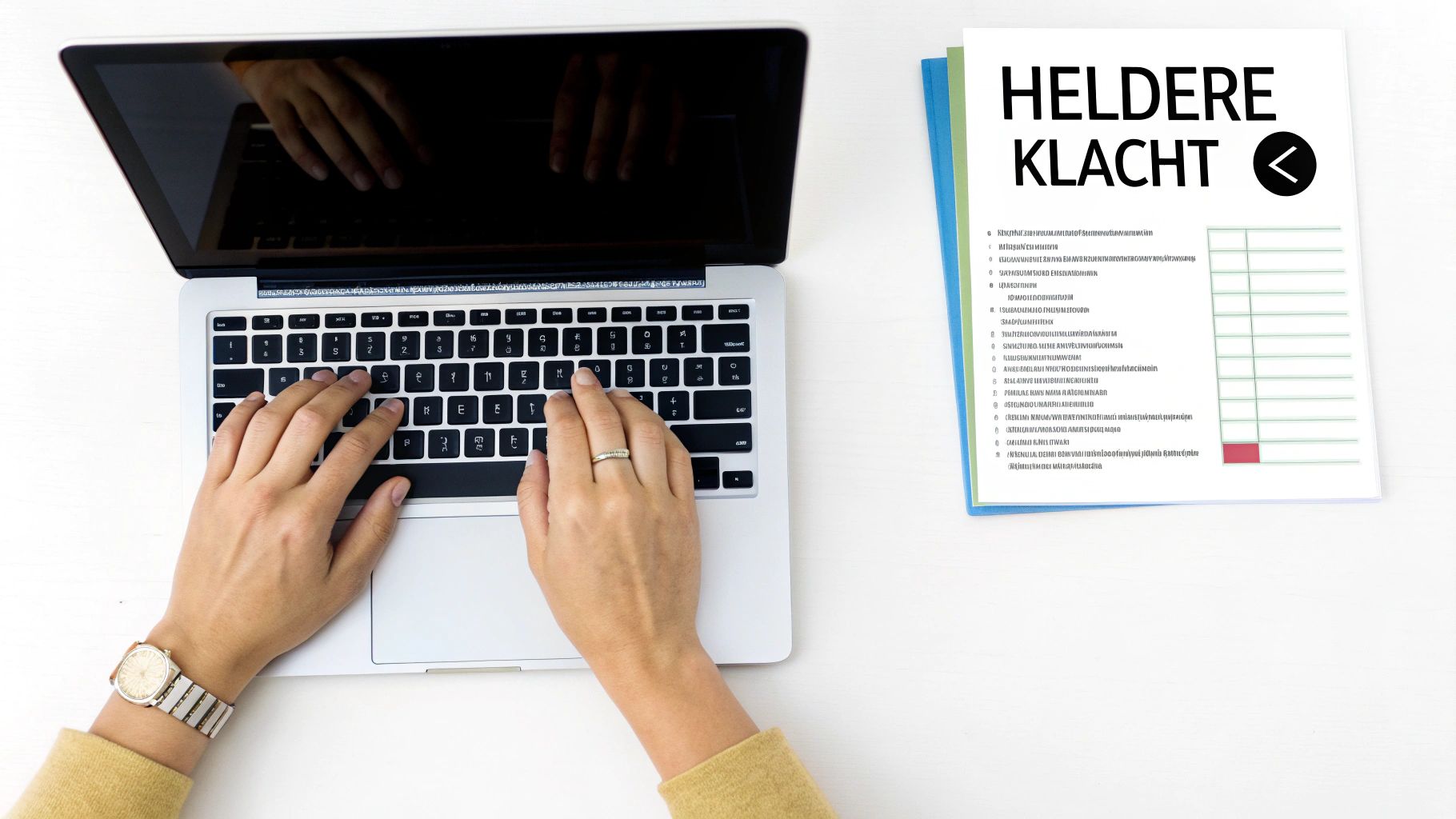 Bovenaanzicht van een persoon die typt op een laptop met een document 'HELDERE KLACHT' ernaast.