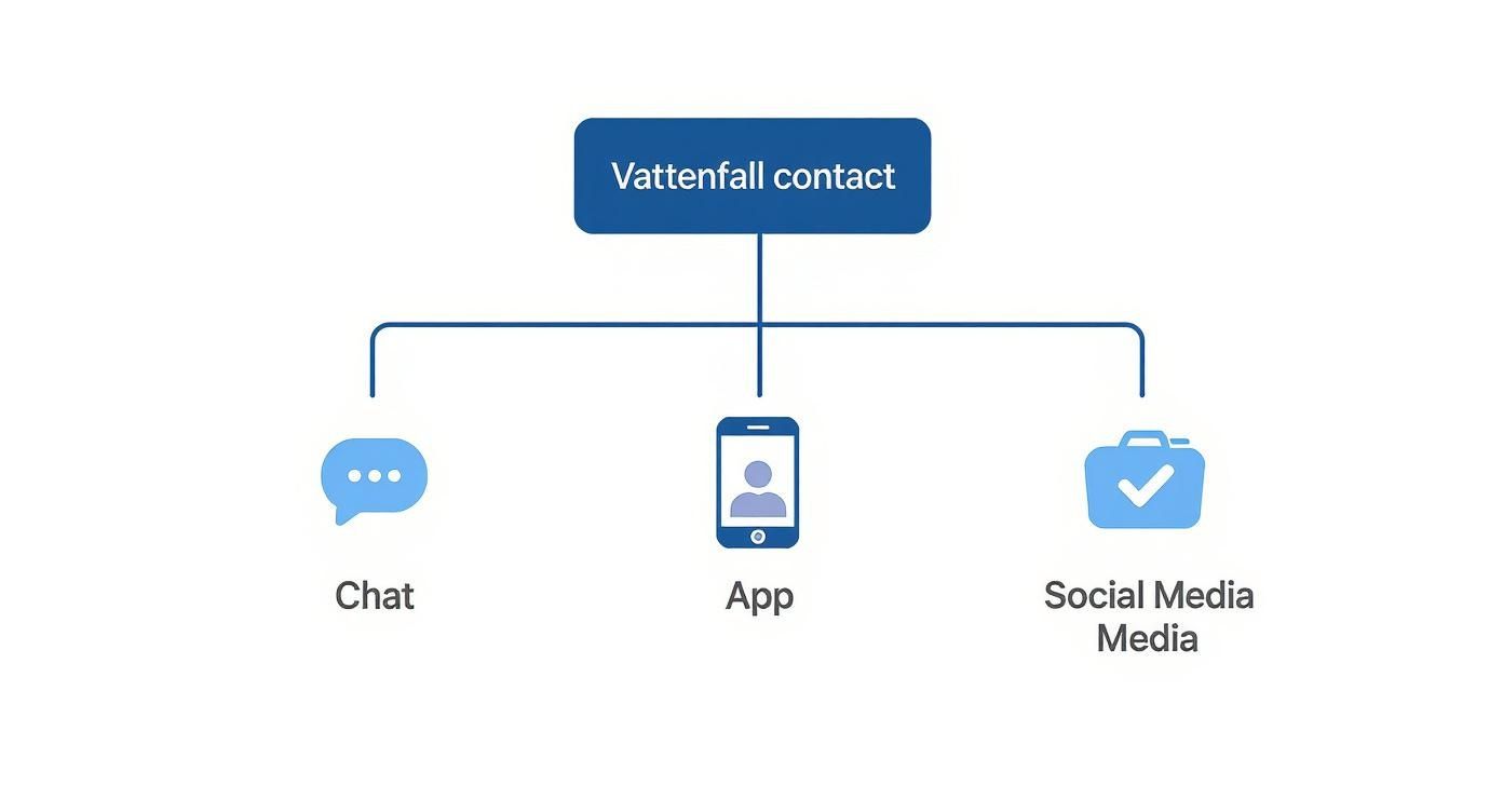 Diagram toont Vattenfall contactmogelijkheden via chat, mobiele app en social media kanalen