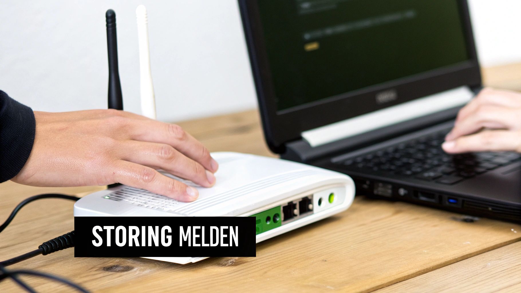 Een persoon meldt een storing door aan een witte router te werken met een laptop op de achtergrond.