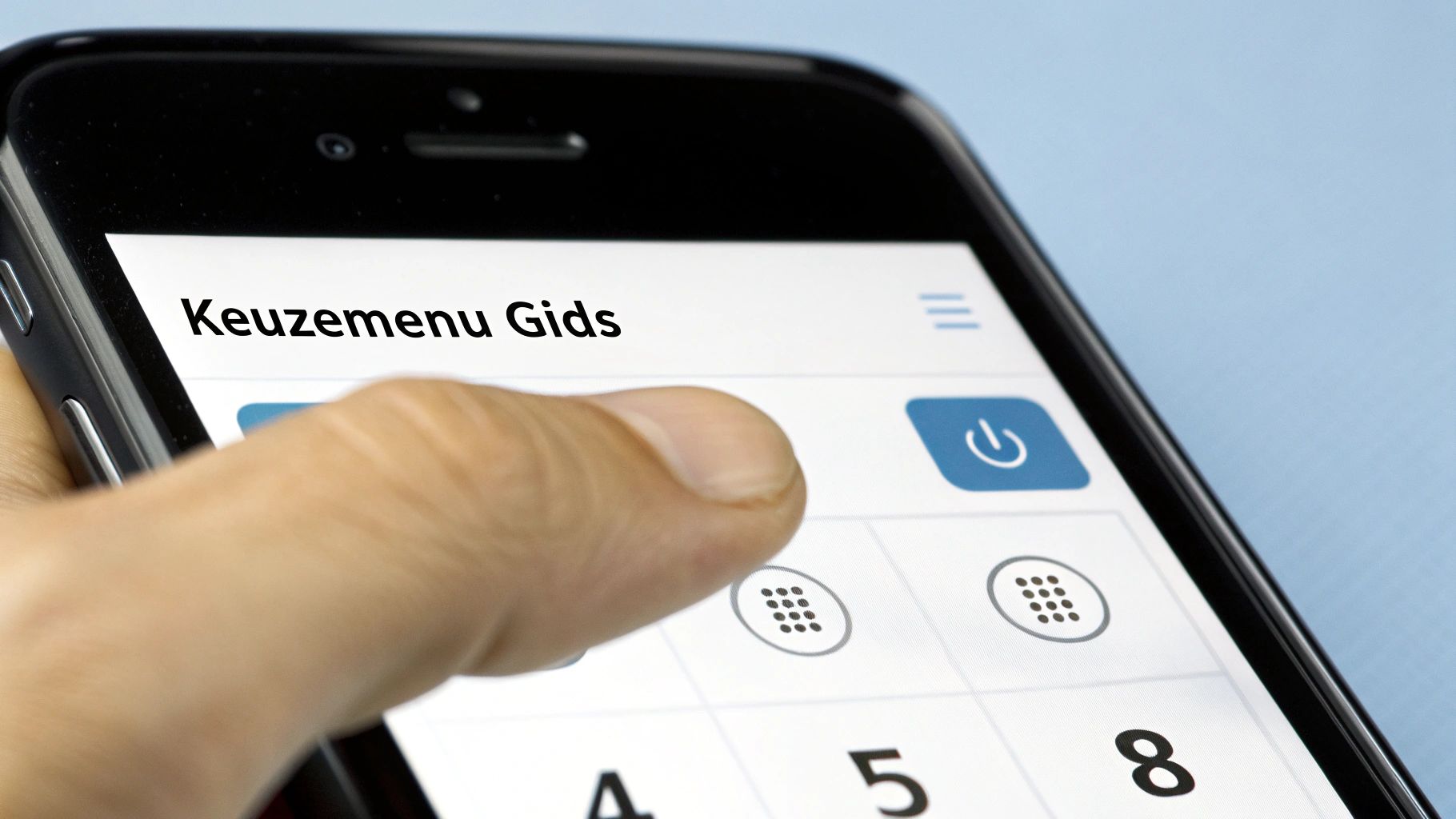 Een hand tikt op een smartphone die een menu met 'Keuzemenu Gids' en een numeriek toetsenbord toont.